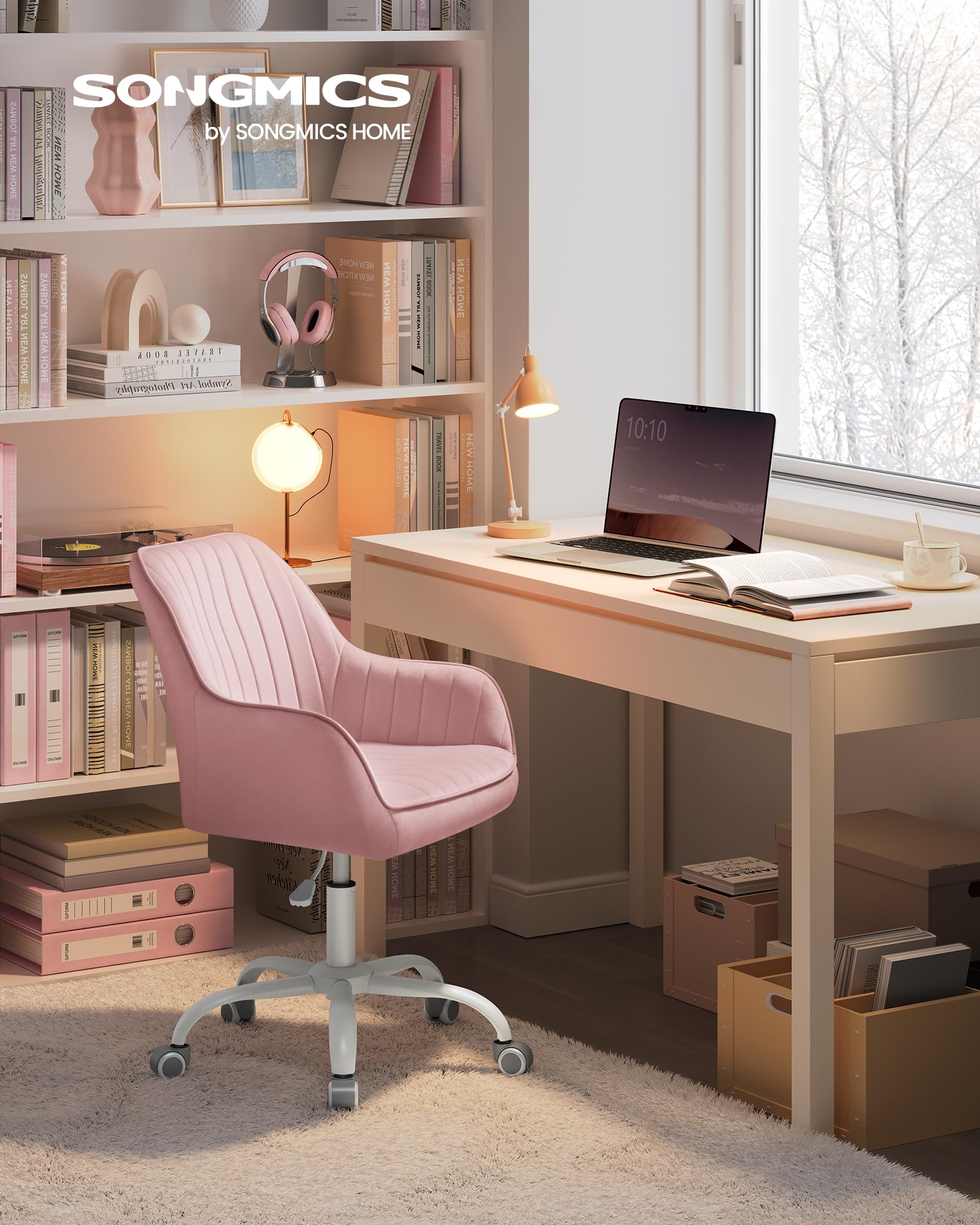 SONGMICS Bürostuhl, Drehstuhl mit Samtbezug, Schaumstoffpolsterung, höhenverstellbar, für Arbeitszimmer, Bar, pastellrosa OBG012R01