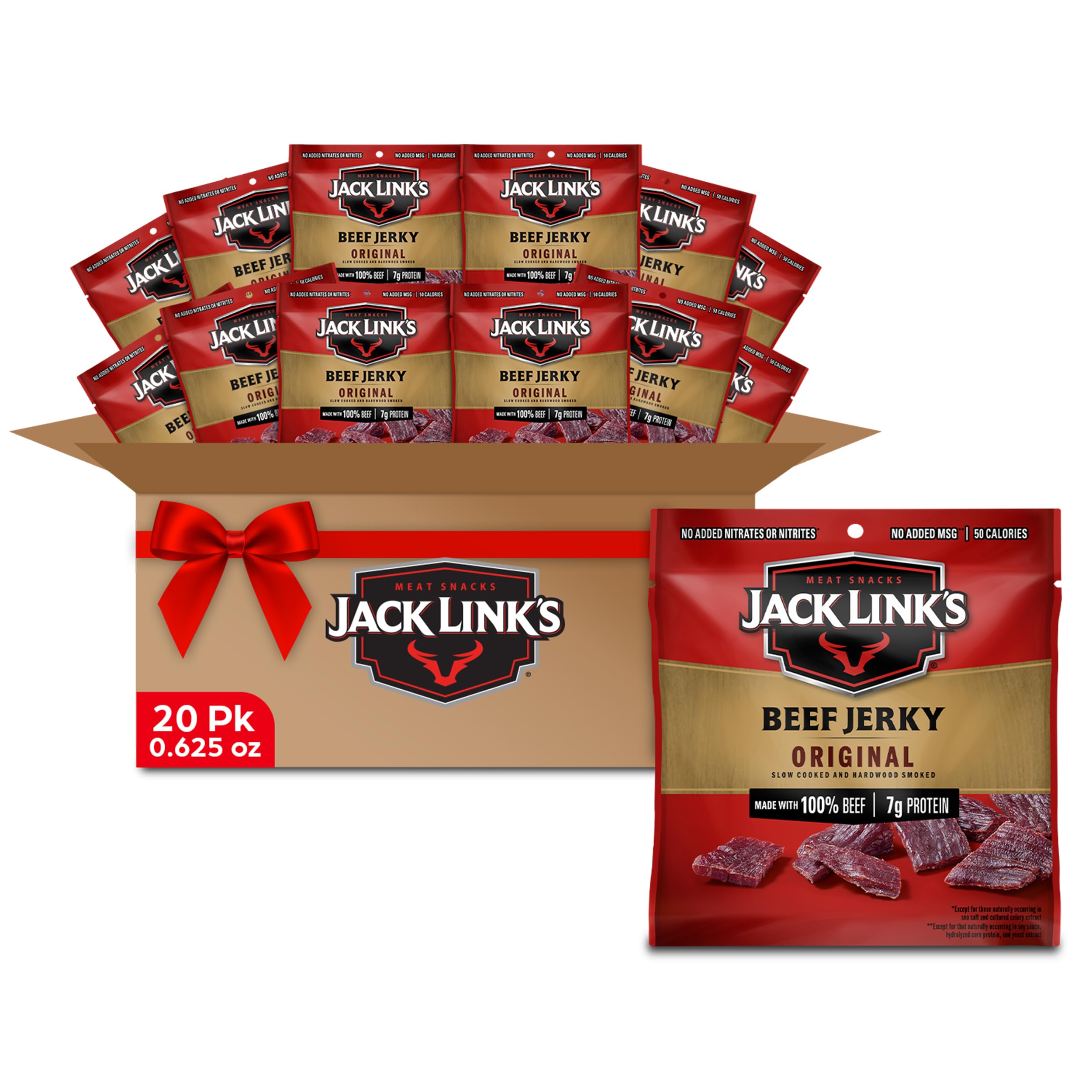 Jack Link's Beef Jerky, Original, Multipack Bags - Flavorful Meat Snack for Lunches, Ready to Eat - 7g of Protein, Made with Premium Beef, No Added MSG** - 0.625 oz (Pack of 20)