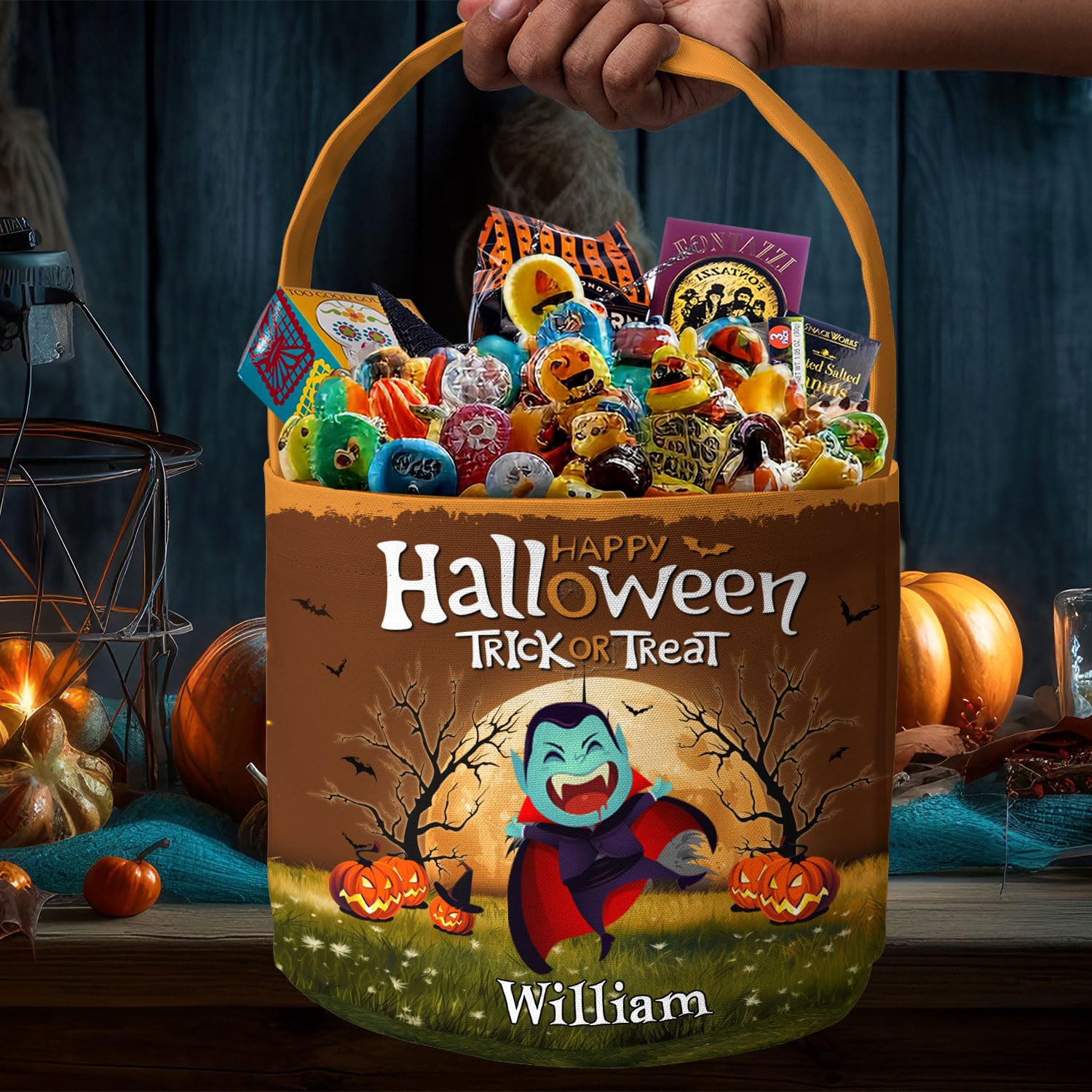 Macorner Personalized Halloween Spooky Bucket - Halloween Gifts For Kids Candy Bucket Pumpkin Pattern - Halloween Party Tote Bags Gift Basket Goody Bucket - Trick Or Treat Kid Name Halloween