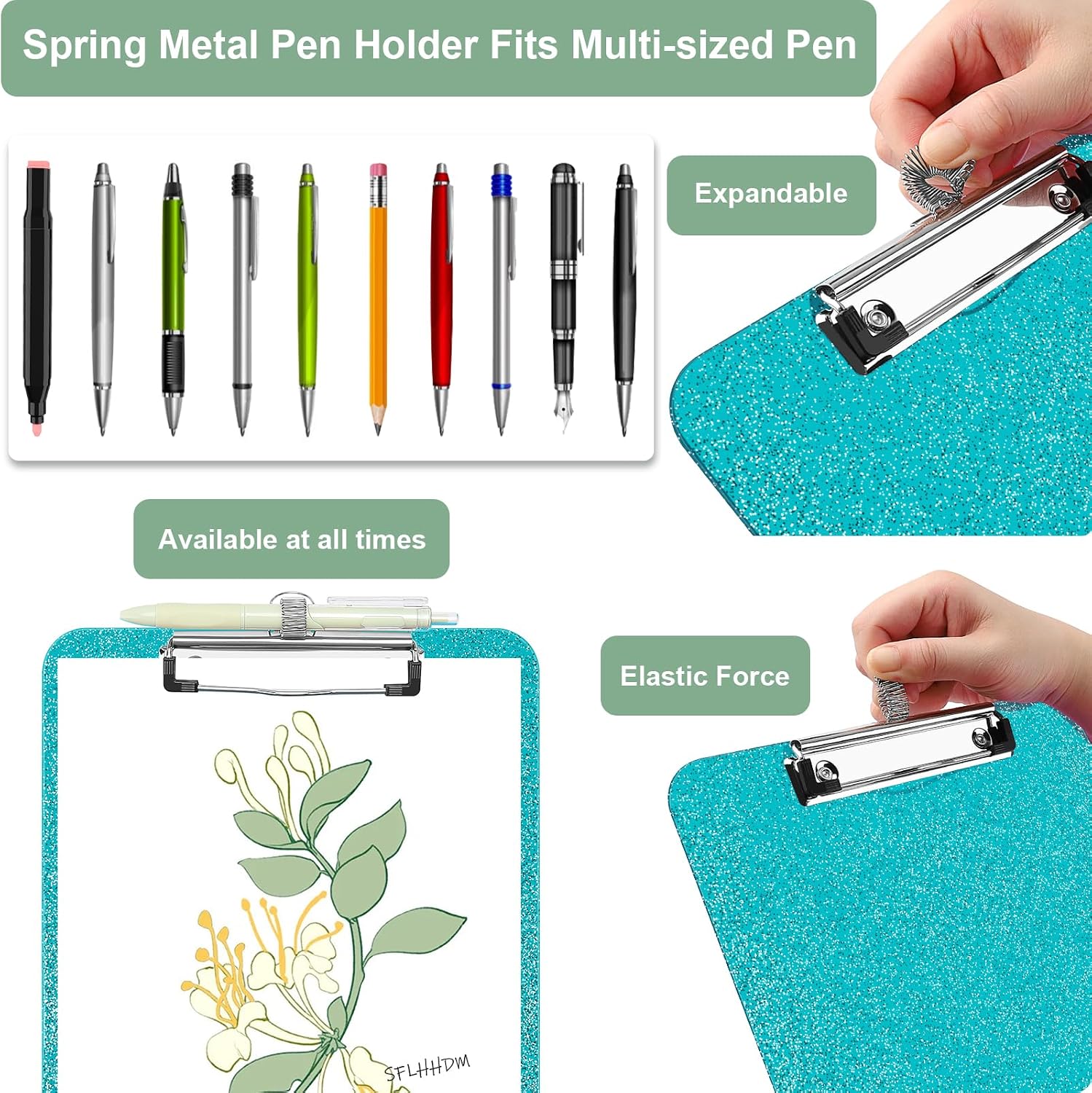 SFLHHDM 1 Pcs Clear Glitter Clipboards, Plastic Clipboard with Pen Holder,Size 8.85 x 12.4 in Shiny Clipboards with Low Profile Clip, Cute Hanging Clipboard for Office School Sparkly Clip Board-Green image 2