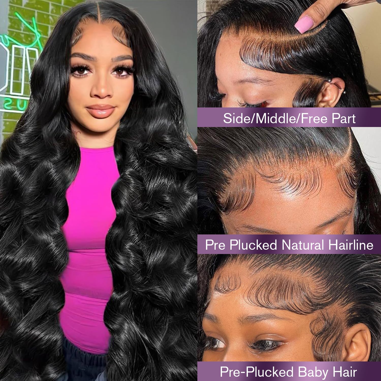 28 Inch 13x6 Body Wave Lace Front Wigs Human Hair 180 Density HD Lace Frontal Wigs Human Hair Pre Plucked Human hair Wig for Women Natural Black