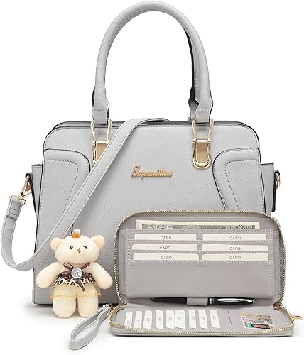 Soperwillton Bolso de mano para mujer, monedero, bolso de hombro, asa superior, bolsa de trabajo, juego de 2 piezas