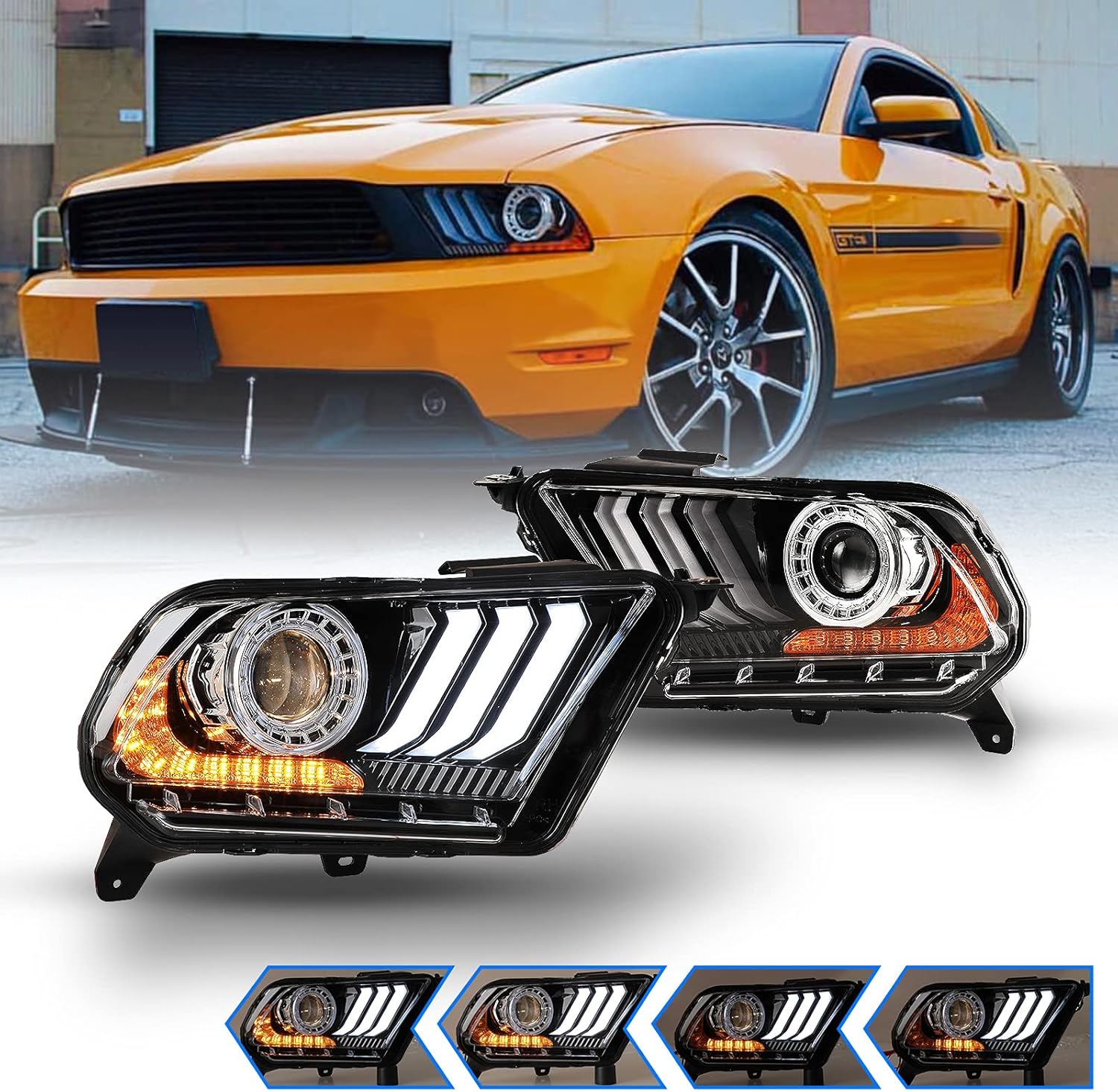 WOLFSTORM Headlight Assembly Fit for 2010 2011 2012 Ford Mustang,Sequential Dynamic Running Turn Design,Headlight Replacement for 2010 2011 2012 Ford Mustang with Halogen Bulbs Models