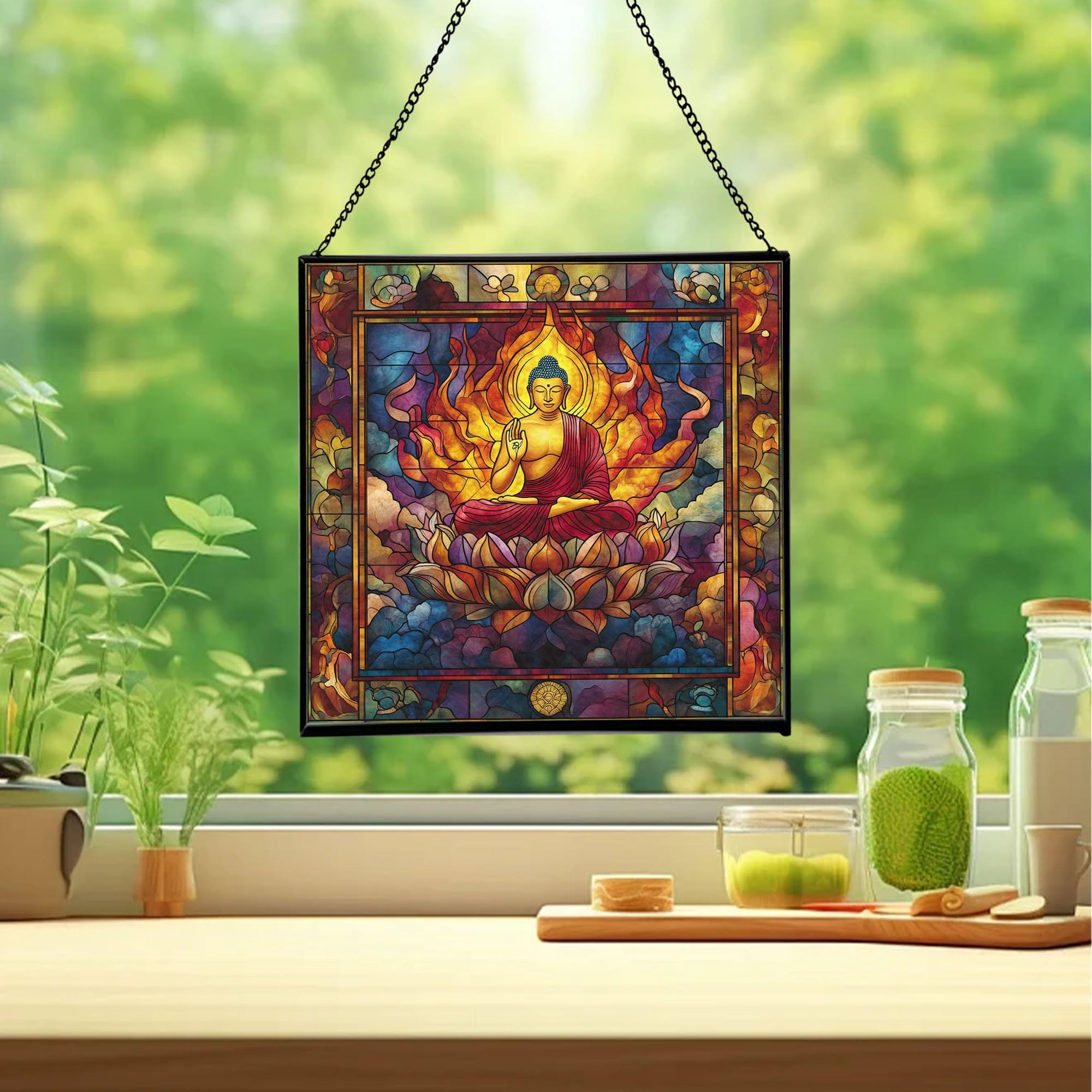 Buddha Angulimala Taming Stained Glass Suncatcher – Square Hanging Window Panel for Meditation Room, Zen Space, or Home – Peaceful Spiritual Glass Art Gift, Christmas, Thanksgiving nZ7Xtt