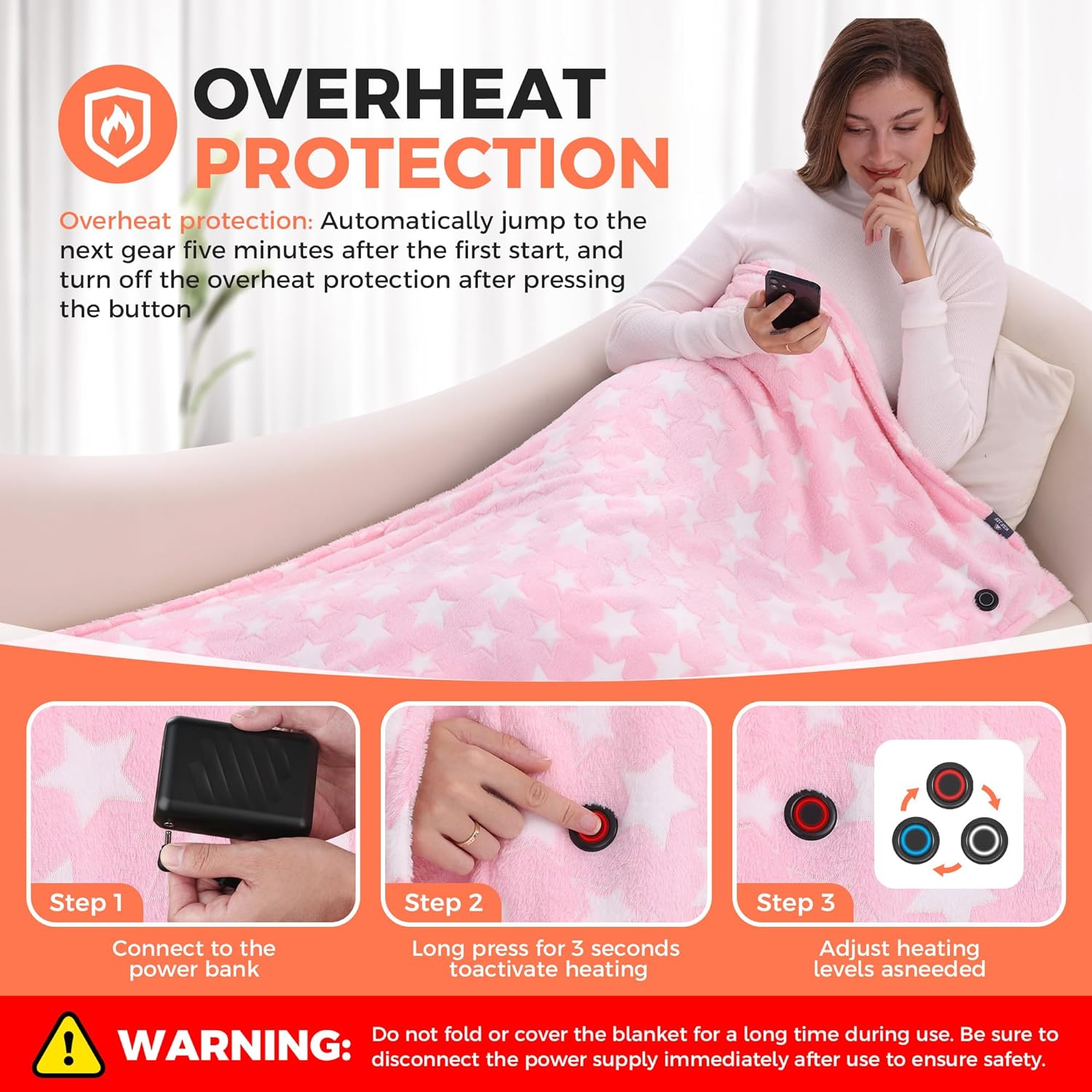 Heated Blanket, Cordless Portable Heated Throw Blanket, Battery Operated Heating Blanket with Rechargeable 20000mAh Power Bank, 59" x 35.5" Electric Heated Shawl, 3​​ Fast-Heating Levels (Pink) - Image 5