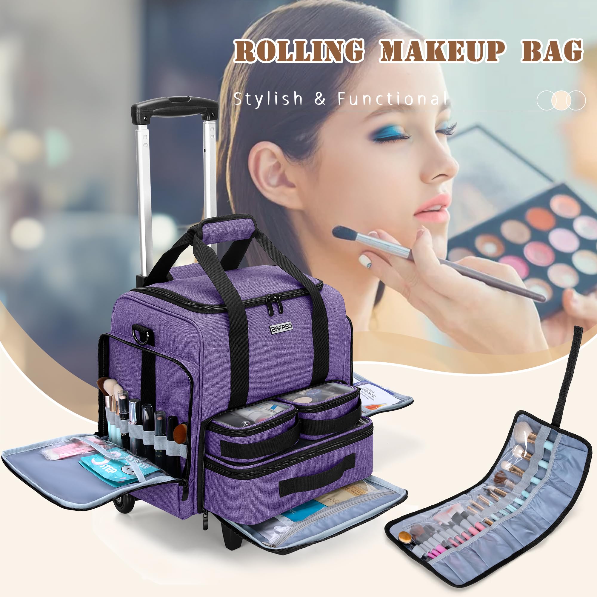 BAFASO Kosmetikkoffer Trolley, Make up Koffer Groß, Schminkkoffer Damen mit Rollen, Abnehmbar Kosmetikkoffer Trolley für Make up, Lila