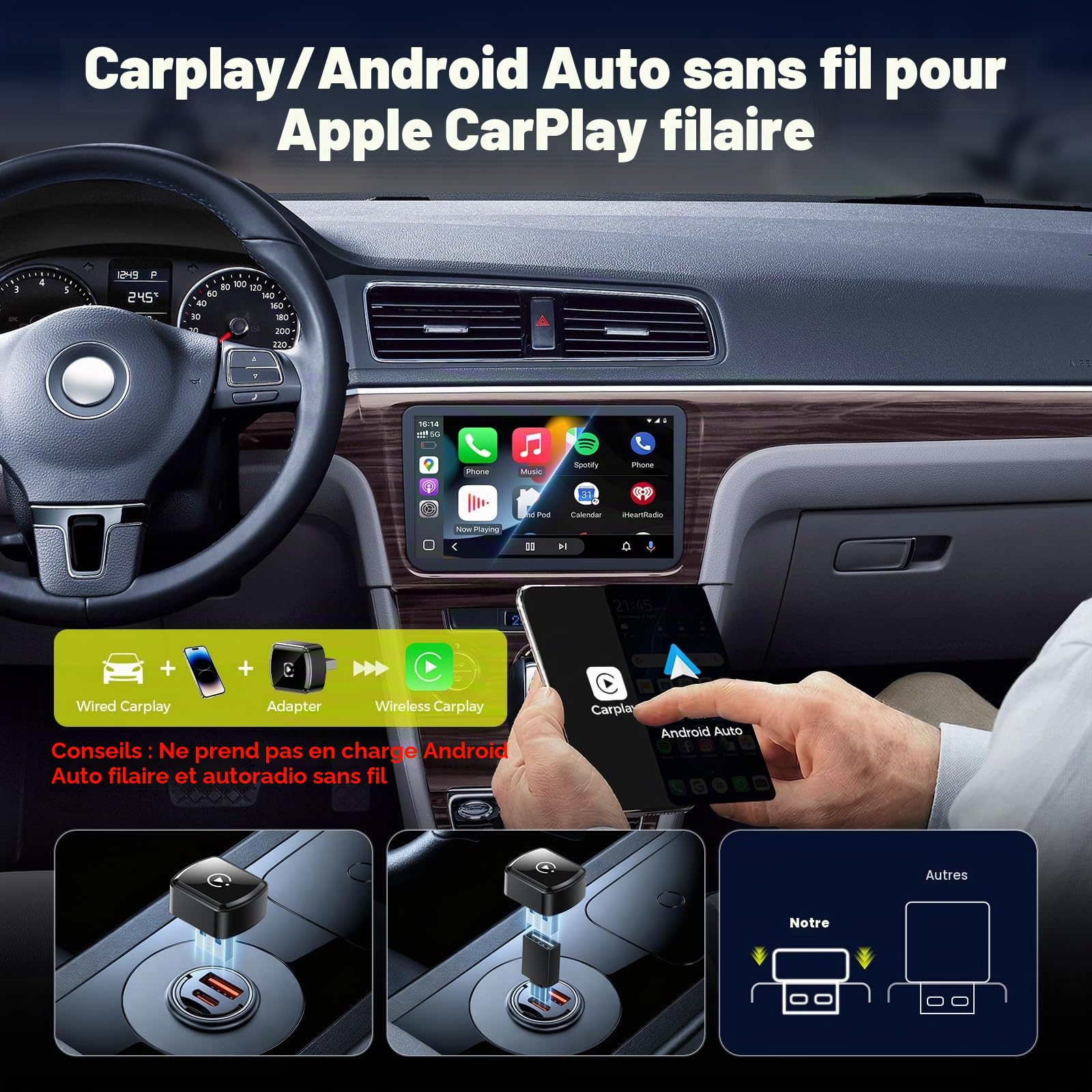 LAMTTO Adaptateur CarPlay sans Fil pour iPhones&Android Auto avec AirPlay/Miracast,Convertit Car Play Filaire en sans Fil Plug&Play,Compatible Uniquement avec Les Véhicules équipés de CarPlay Filaire