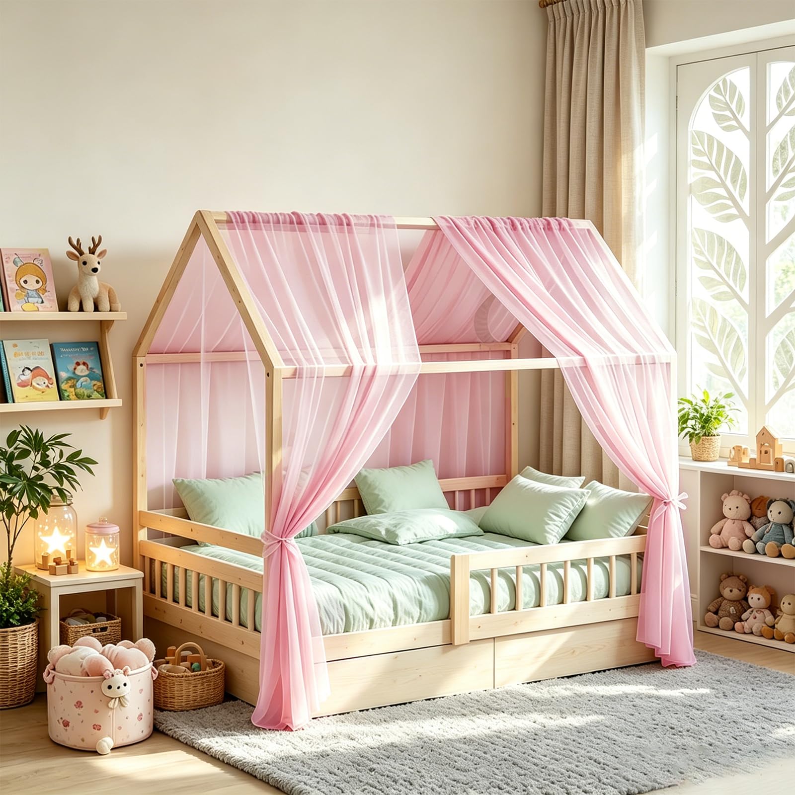 Generisch Hausbett Himmel Set, 2 Stück Betthimmel Hausbett für Hausbettdeko, Bett Vorhang für Mädchen Jungen Kinderbett Kinderzimmer Deko, 150cm*350cm (Rosa)