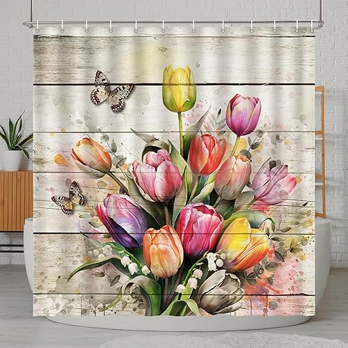 Cortina de ducha rústica de madera floral, cortinas de ducha coloridas de tulipán, mariposa, juego de cortina de ducha estilo campestre vintage para