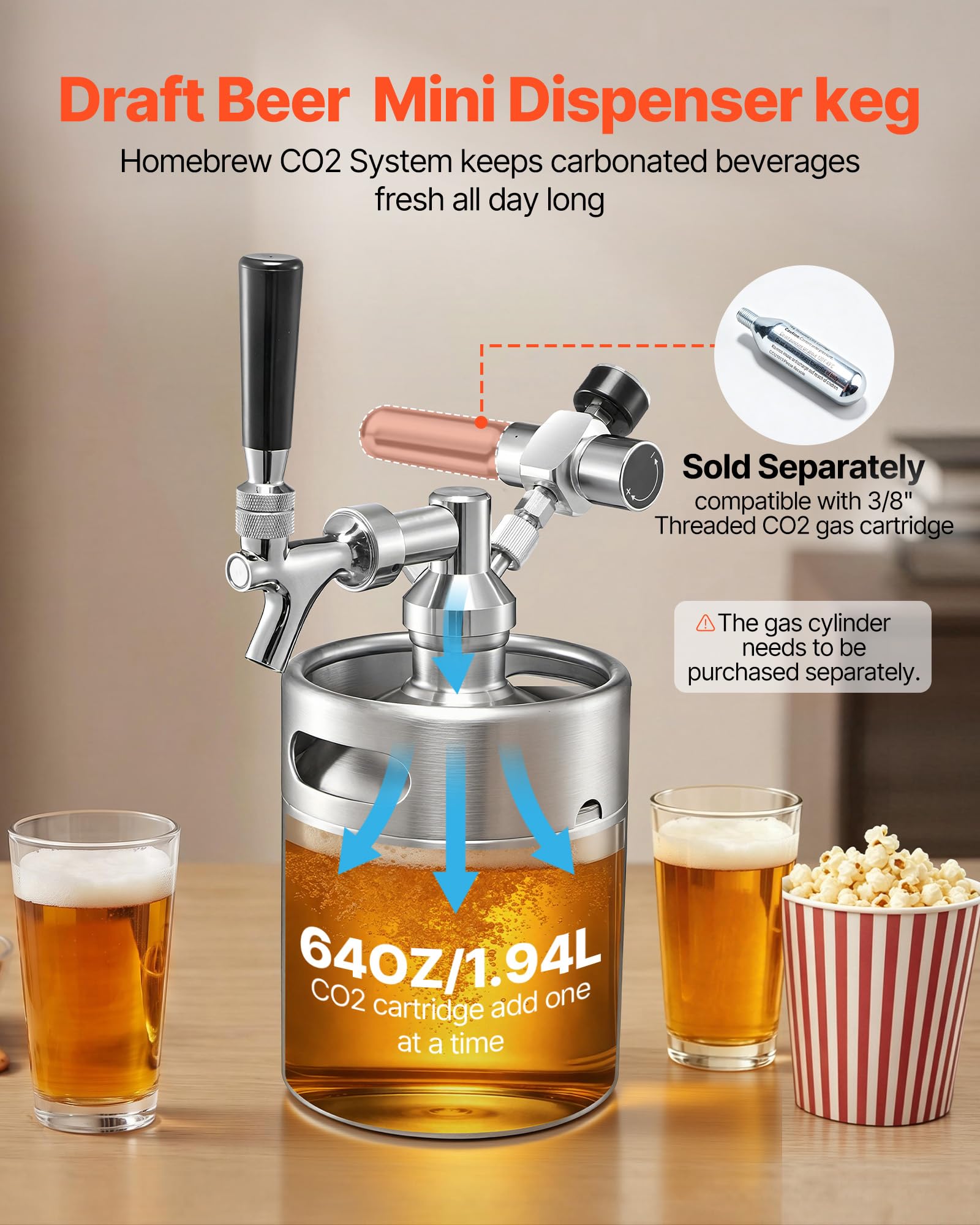 VEVOR Mini Barril Dispensador de Cerveza 1,94 L de Acero Inoxidable 304, Con Regulador de CO₂ y Grifo de Cierre Automático, Compatible con Cartuchos de CO₂ de 16 g (No Incluido), Para Fiesta, Hogar