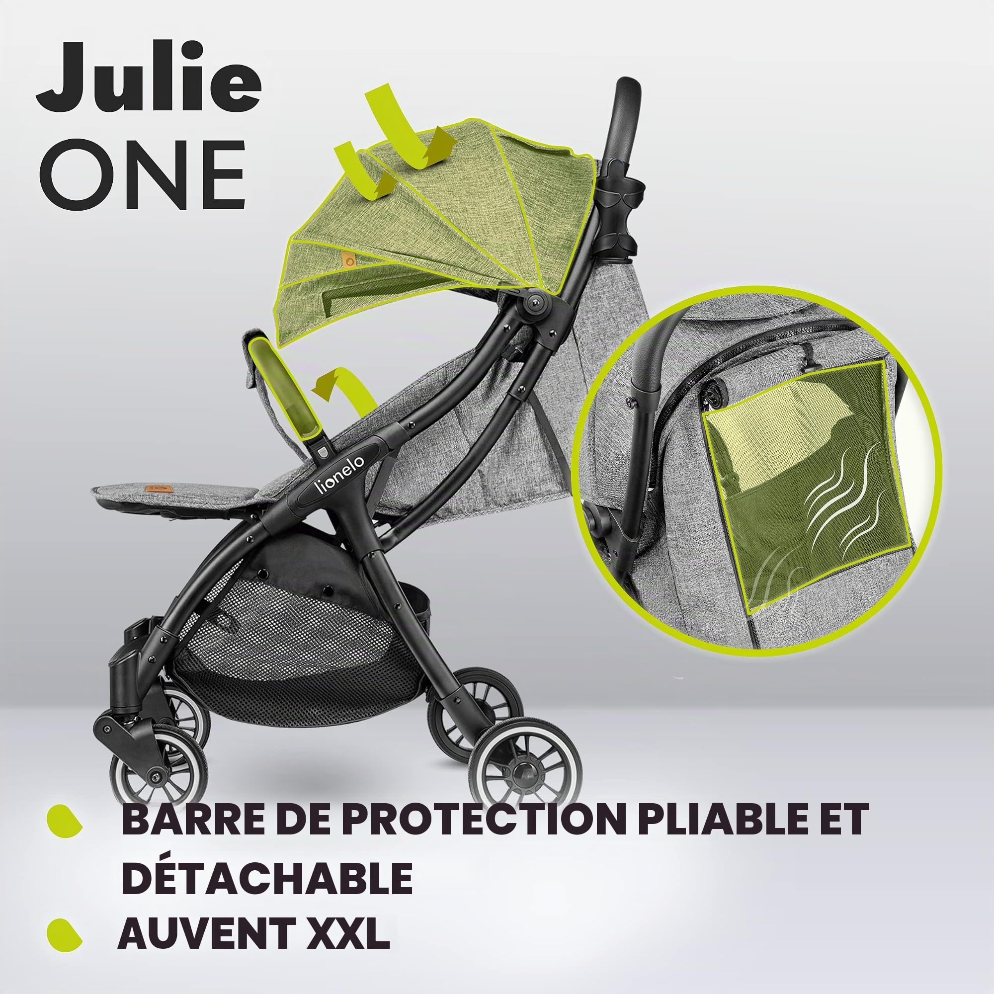 LIONELO Julie One Poussette légère pour nouveau-nés jusqu'à 22 kg Poussette compacte pliable réglable et inclinable Dossier ventilé Auvent étendu Chancelière Moustiquaire