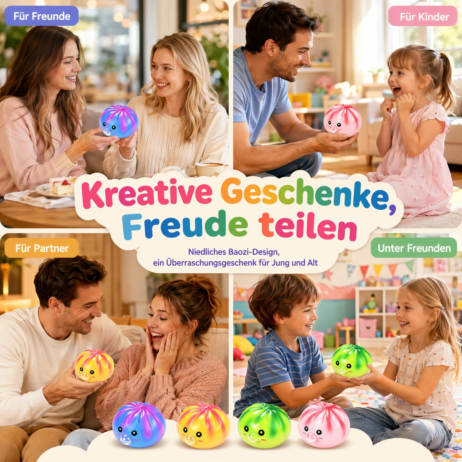 4 Stück Dumpling Squishy, Squishy Dumpling, Weiches Squeeze Stressball Fidget Toys, Mystery Squi-Shy Bun with Steamer Box Decompression Dough für Kinder Erwachsene Büro