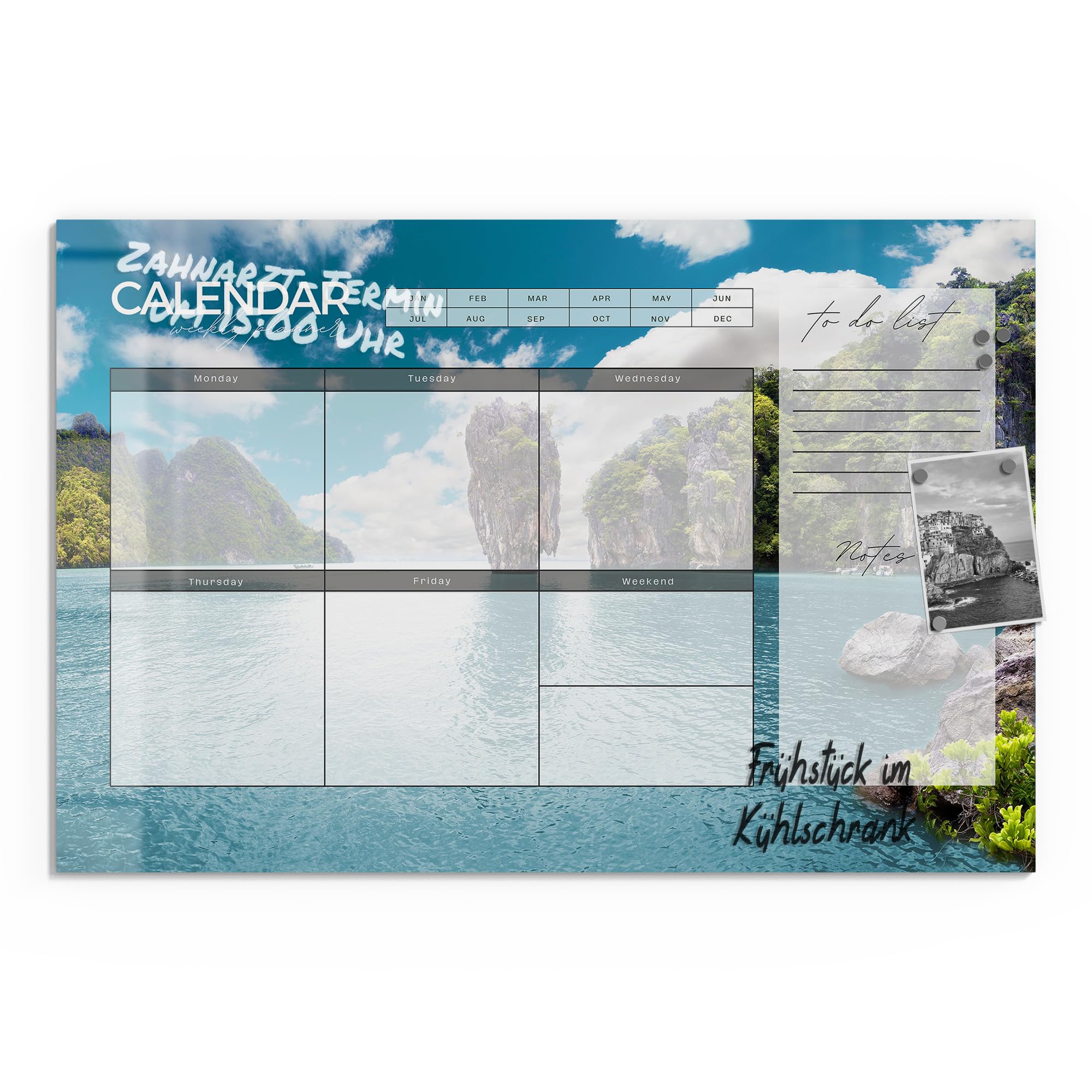 DEQORI Lavagna magnetica in vetro | 90 x 60 cm | motivo "Agenda settimanale Asia (EN)" | Lavagna memo in vetro | Lavagna magnetica con magneti, penna e panno per cucina e ufficio | Lavagna magnetica e