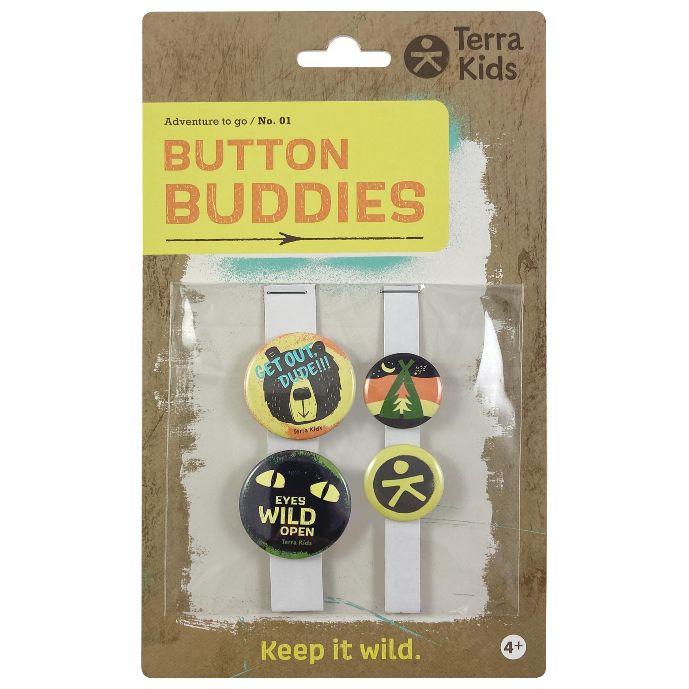 HABA Terra Kids Button Buddies – 4er-Set Ansteckbuttons für Kinder mit coolen Abenteuer-Motiven – robuste Pins für Rucksack, Jacke & Kappe – Geschenk für kleine Entdecker – 2014021001