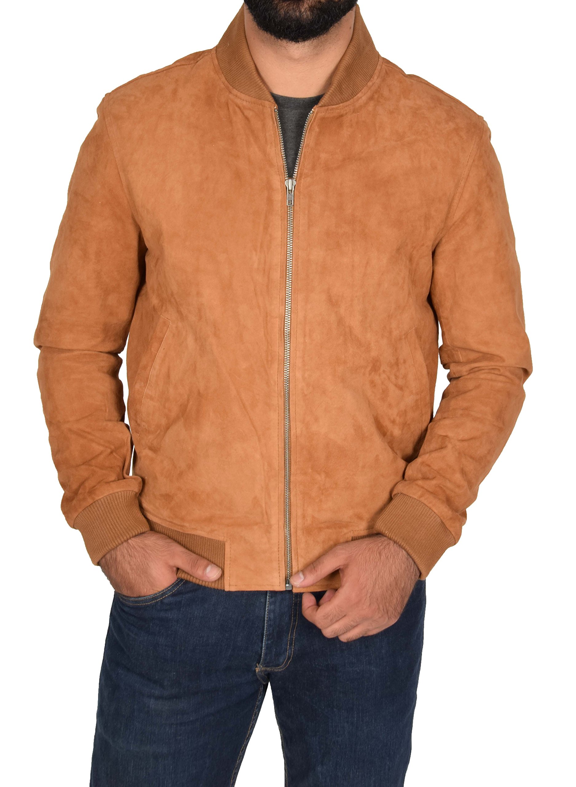 A1 FASHION GOODS Mens Genuine Soft Goat Suede Bomber Jacket TAN Slim Fit Sports Varsity Baseball Coat - Blur (Medium)