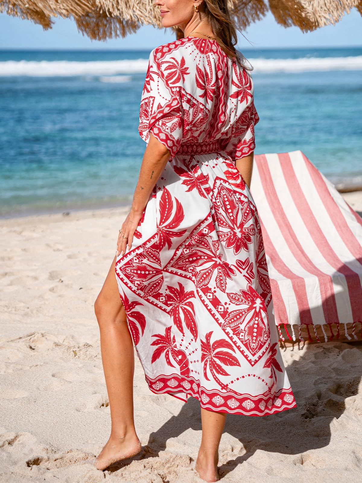 CUPSHE Maxi abito estivo da donna, stile boho, con scollo a V, mezza manica a dolman, vita imperiale, spacco laterale, prendisole per vacanze e spiaggia
