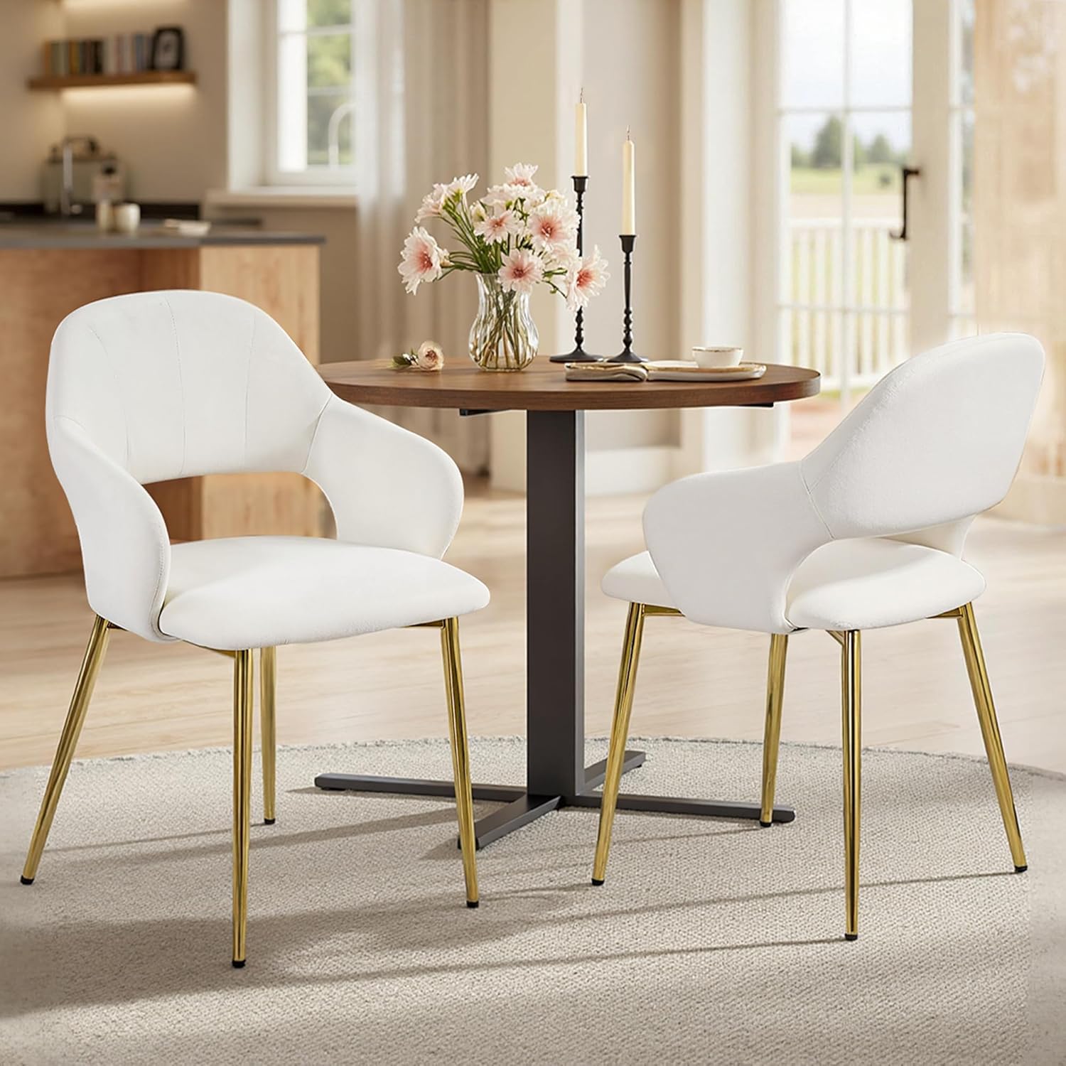 VECELO Velvet Dining Chairs Set of 2, Modern Upholstered Kitchen Chairs with Cushion, Padded Backrest and Metal Legs, White