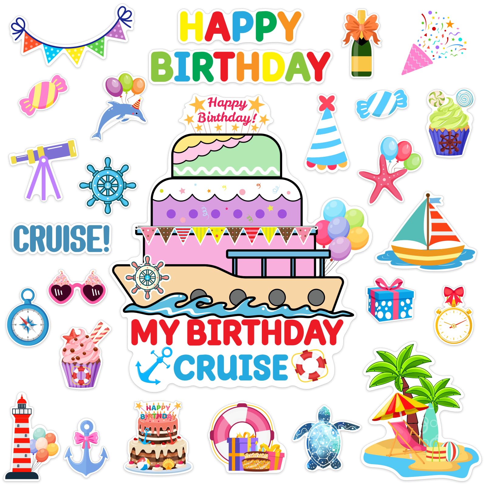 TREACLUB 27PCS Birthday Cruise Door Decorations Happy Birthday Magnetic Cruise Cabin Magnets Funny Carnival Cruise Ship Decorations for Stateroom Cabin Door Refrigerator Car Computer, HQ-555