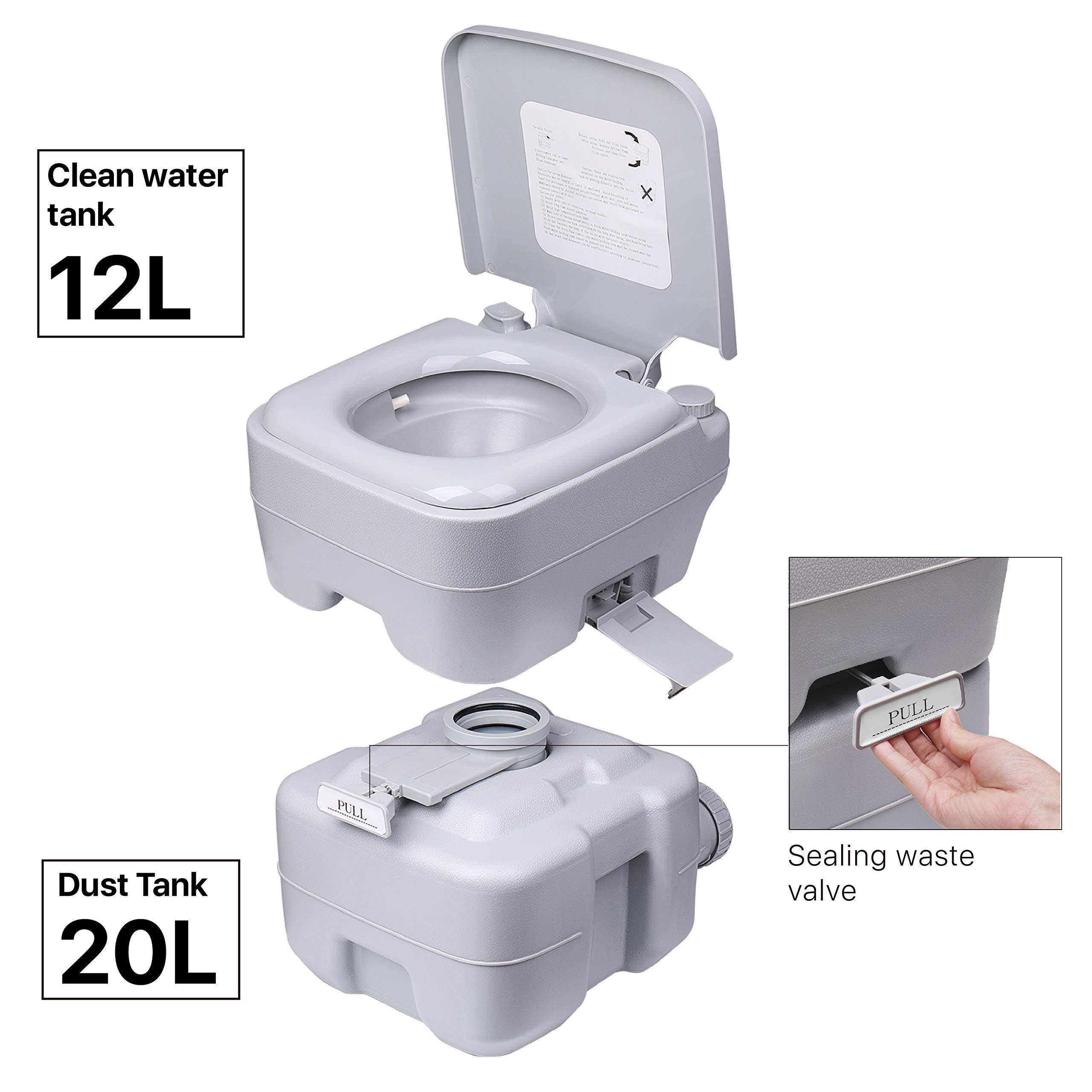 Flexzion Toilette Portatile per Campeggio - Bagno Water WC Comodo da Viaggio roulotte Camper Gabinetto con Sedile, Serbatoio dell'Acqua da 5,3 galloni e Raccolta rifiuti da 3 galloni, Scarico a 3 Vie