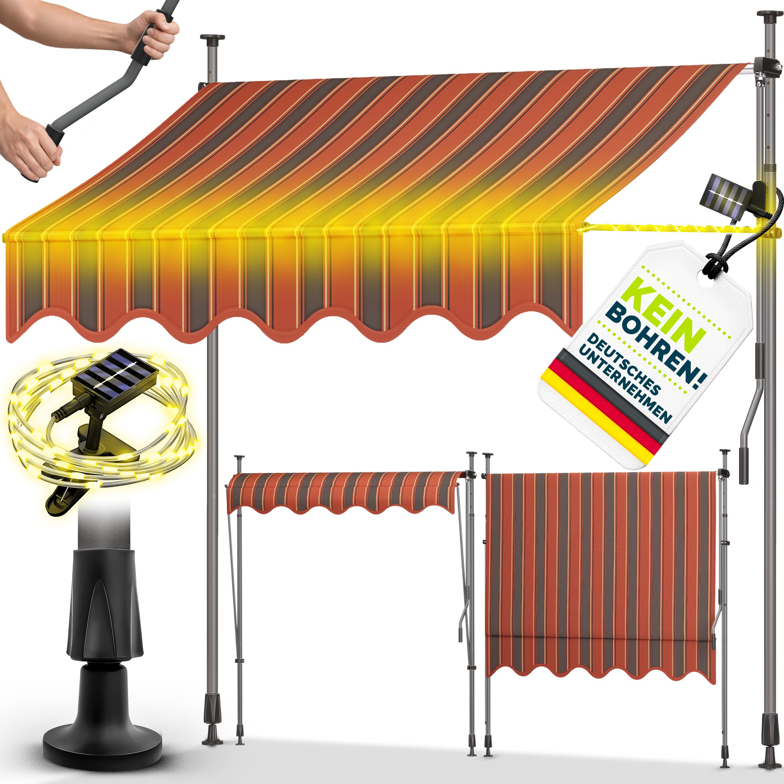 tillvex Klemmmarkise mit Handkurbel & LED Balkon | Balkonmarkise ohne Bohren | Markise UV-beständig & höhenverstellbar | Sonnenschutz Terrasse & Garten wasserdicht (Orange-Anthrazit, 400cm)