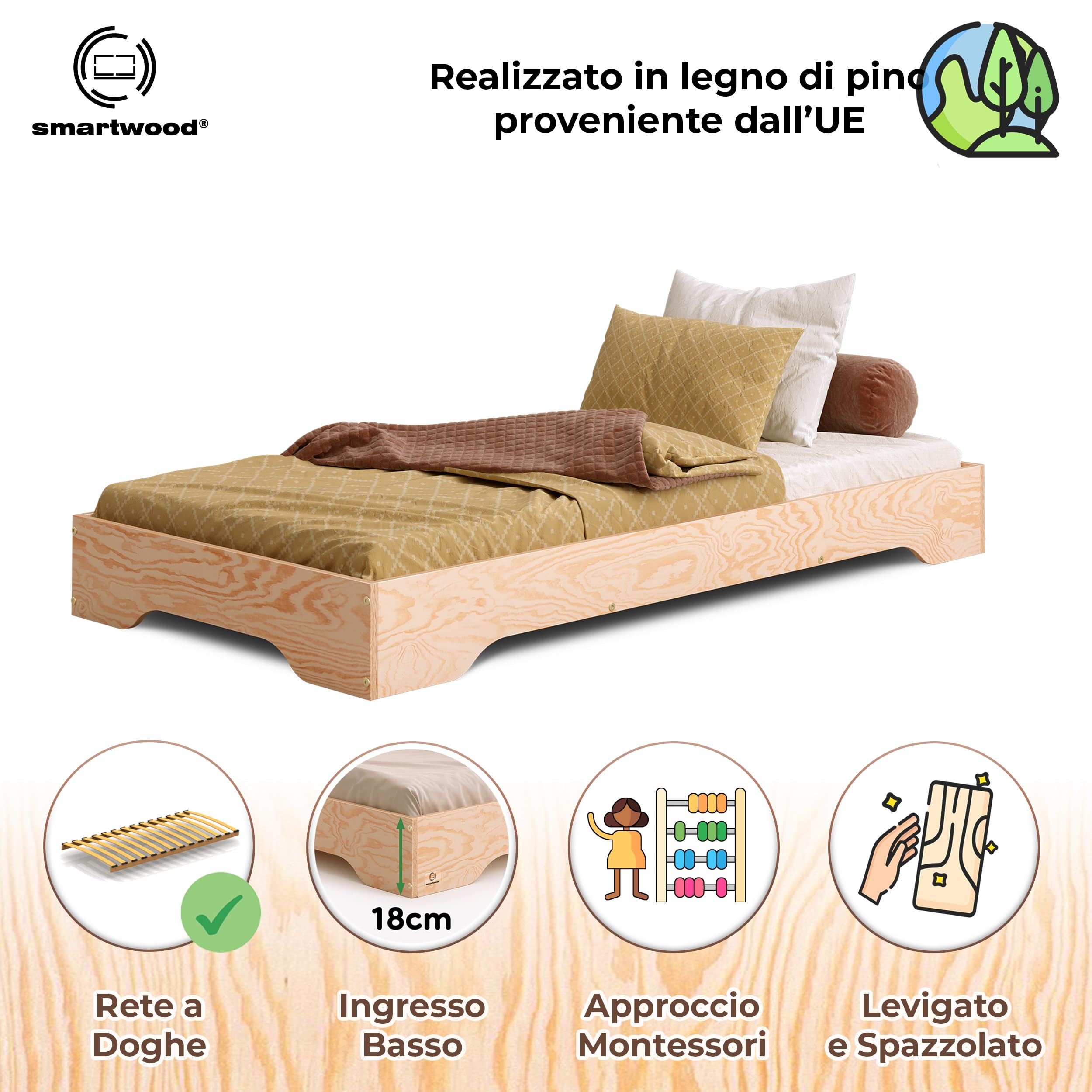 smartwood Lettino Montessori 80x180 cm - Letto Bambini in Legno di Pino certificato FSC con Rete a Doghe - portata 230 kg - Per Bambino e Bambina - Montaggio semplice - TILA 7