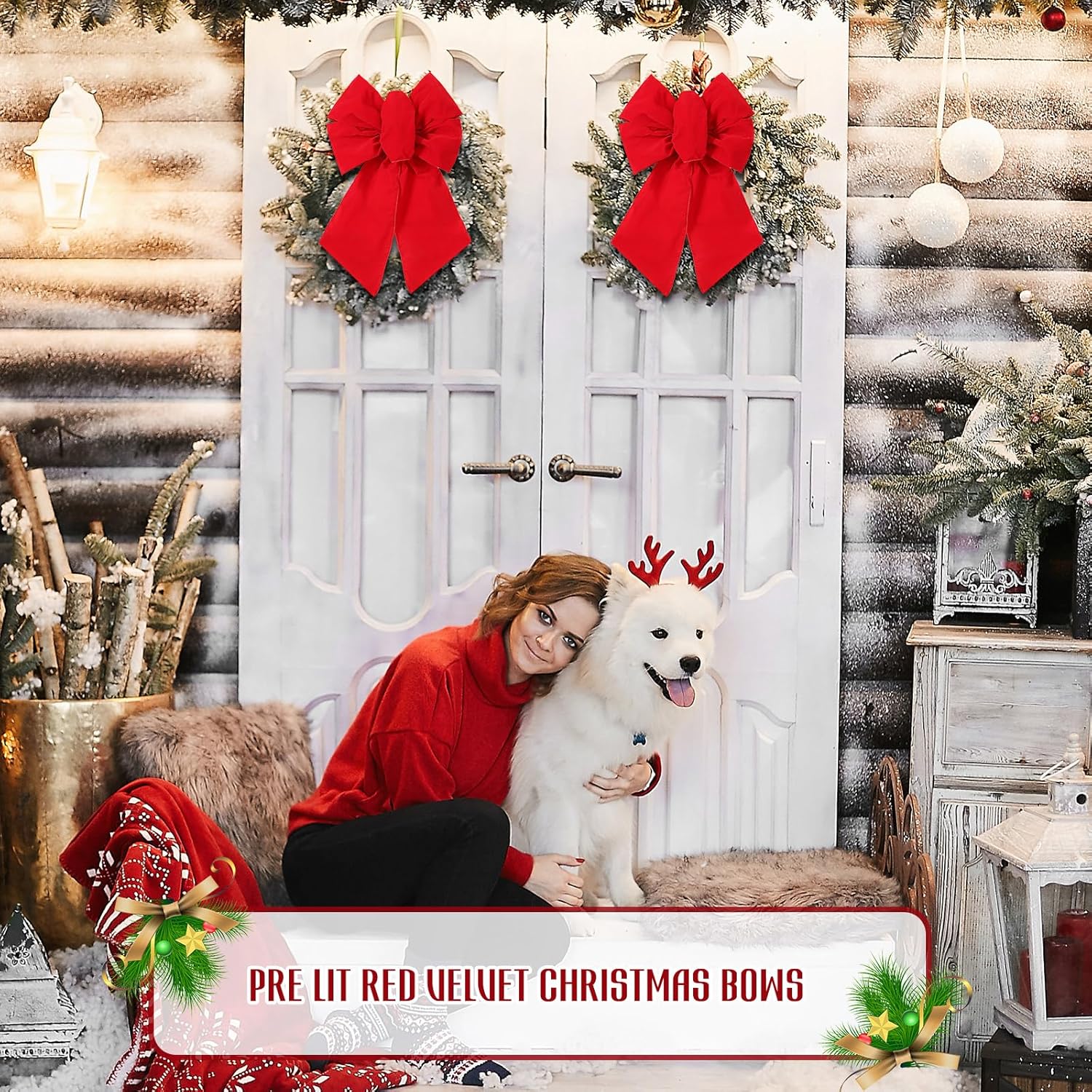 6 Pack Pre-lit Red Christmas Bow Large LED Red Velvet Christmas Wreath Bow 12 x 19 Wired Red Bow with 30 Lights for Large Gifts Christmas Garland Indoor/Outdoor Fence Decorations