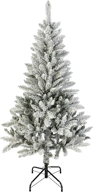 Amazon Basics Artificial Snow-Flocked Christmas Tree, 306 Branch Tips with Metal Stand, 150 cm Height