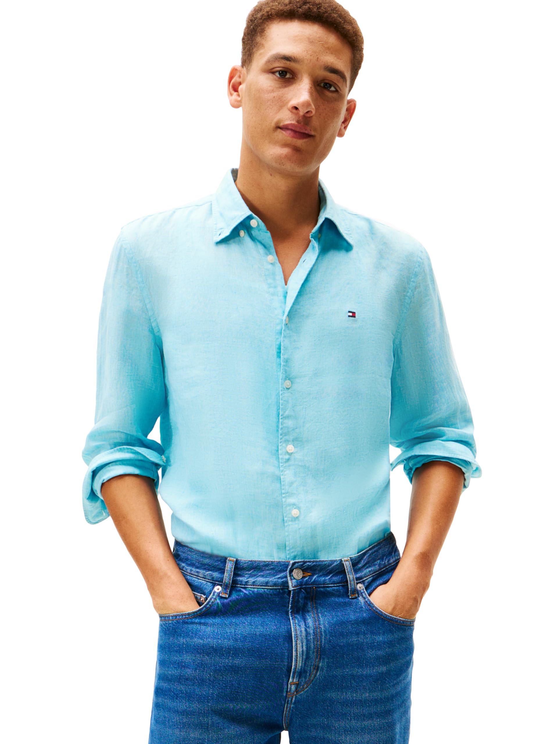 Tommy Hilfiger Men's Long Sleeve Casual Linen Button Down Shirt