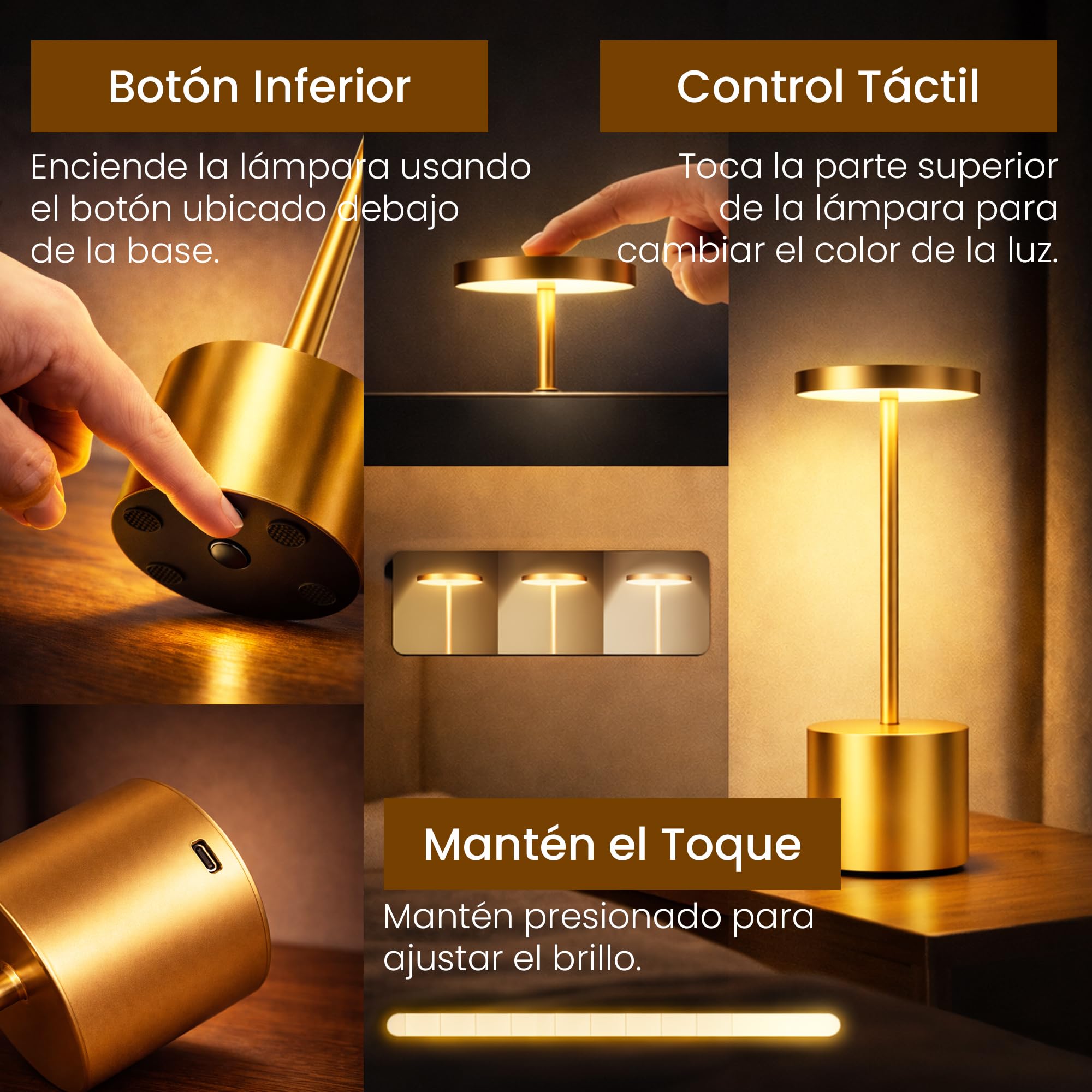 Pack de 2 Lámparas de Mesa LED Inalámbricas Recargables Doradas – Control Táctil, 3 Modos de Luz, Brillo Regulable, Diseño Moderno para Dormitorio, Salón, Restaurante o Bar