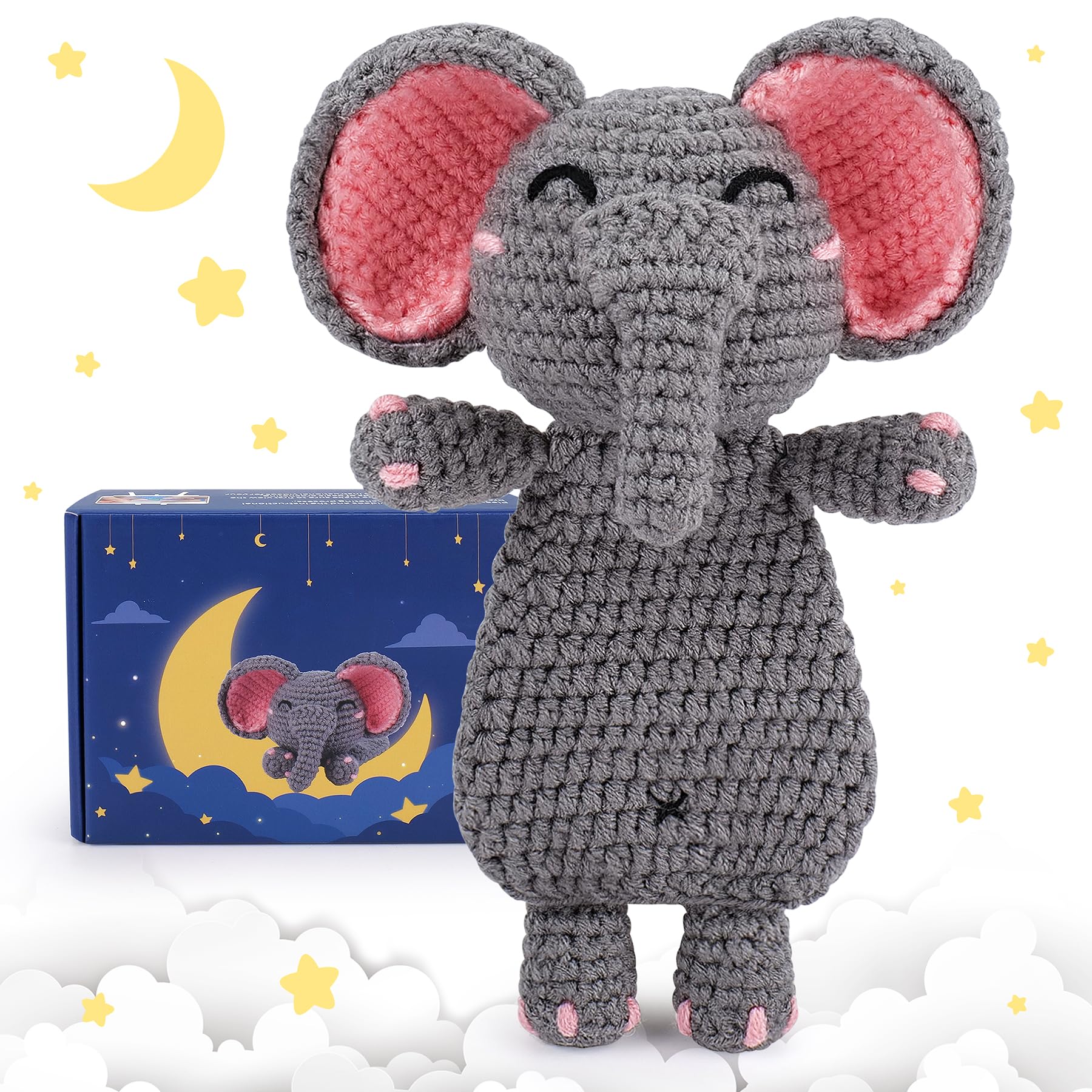 Elephant Crochet Kit for Beginners Adults, Knitting Kit Anime Crochet Kits, Crochet Animal Kit Complete Elephant Crocheted with Instruction Crochet Starter Kit Animal Set Beginners Crochet Kit