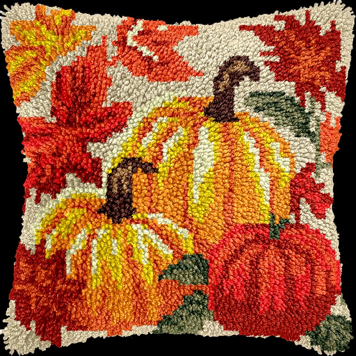 Kitquiver DIY Latch Hook Cushion Kits Fall Pumpkins Crochet Needlework Crafts with Latch Hook Tool for Adults DIY Handmade Home Cushion Kits Decor 17x17in