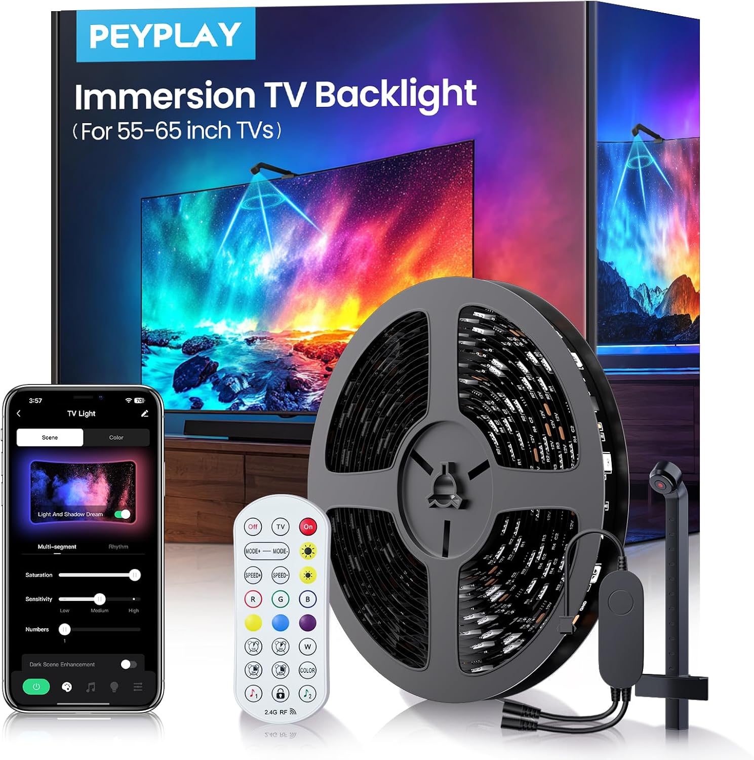 TV Backlight with Fish-Eye Correction Function Sync to 55-65 Inch TVs, 11.8ft RGB+IC LED Strip Lights with Camera, 3 Colors in 1 Lamp Bead, Voice and APP Control, Adapter