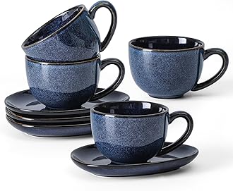 vicrays 6.5 oz Cappuccino Cups with Saucers, Set of 4, Ceramic Coffee Cup for Au Lait, Double shot, Latte, Cafe Mocha, Tea (Starry Blue)
