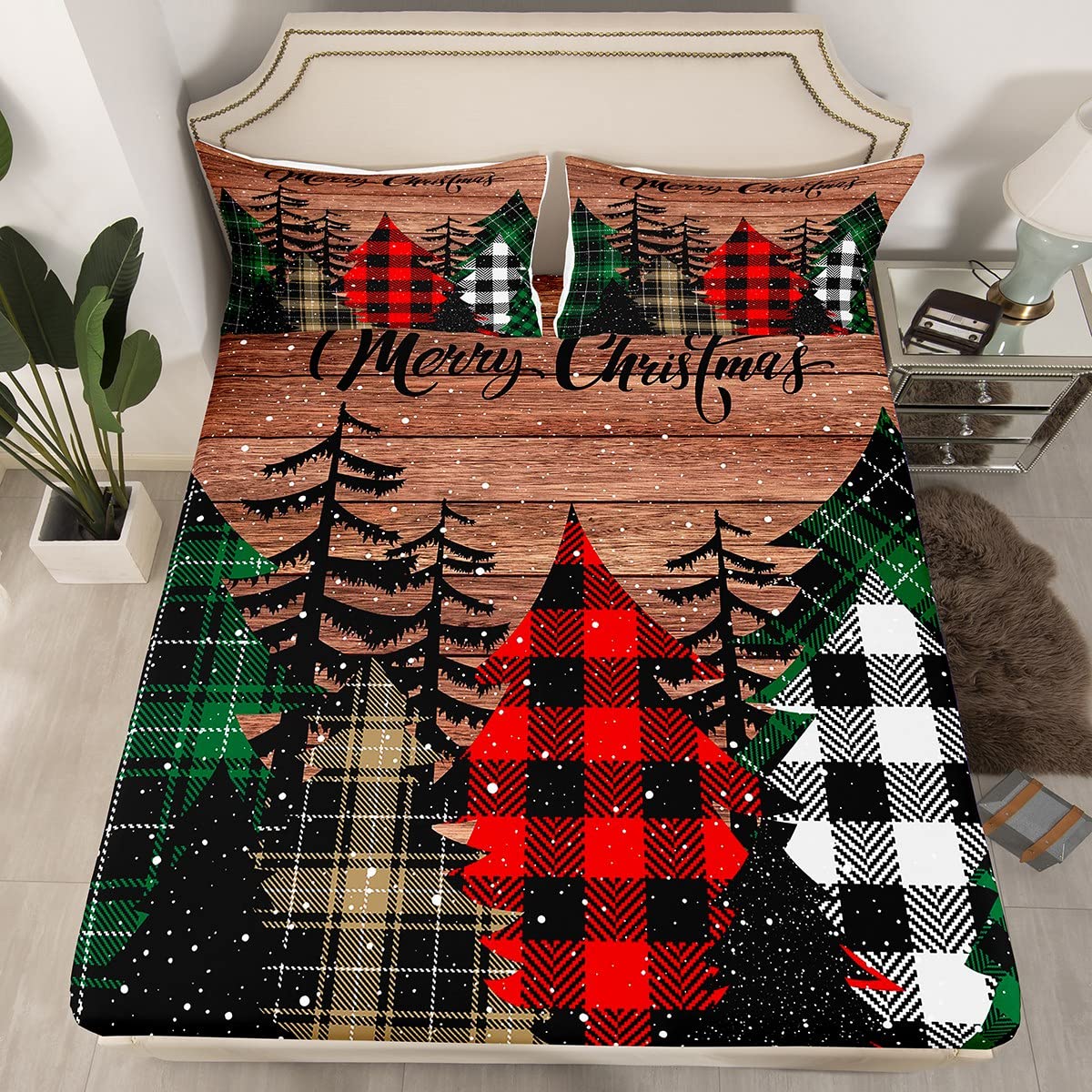 Kids Merry Christmas Fitted Sheet Double Size,Geometric Grid Pine Snowflake Bedding Set,Girls Boys Adult Bedroom/Xmas Decor,Brown Plank Bed Cover,Rustic Vintage Bedding,3pcs,2 Pillowcases