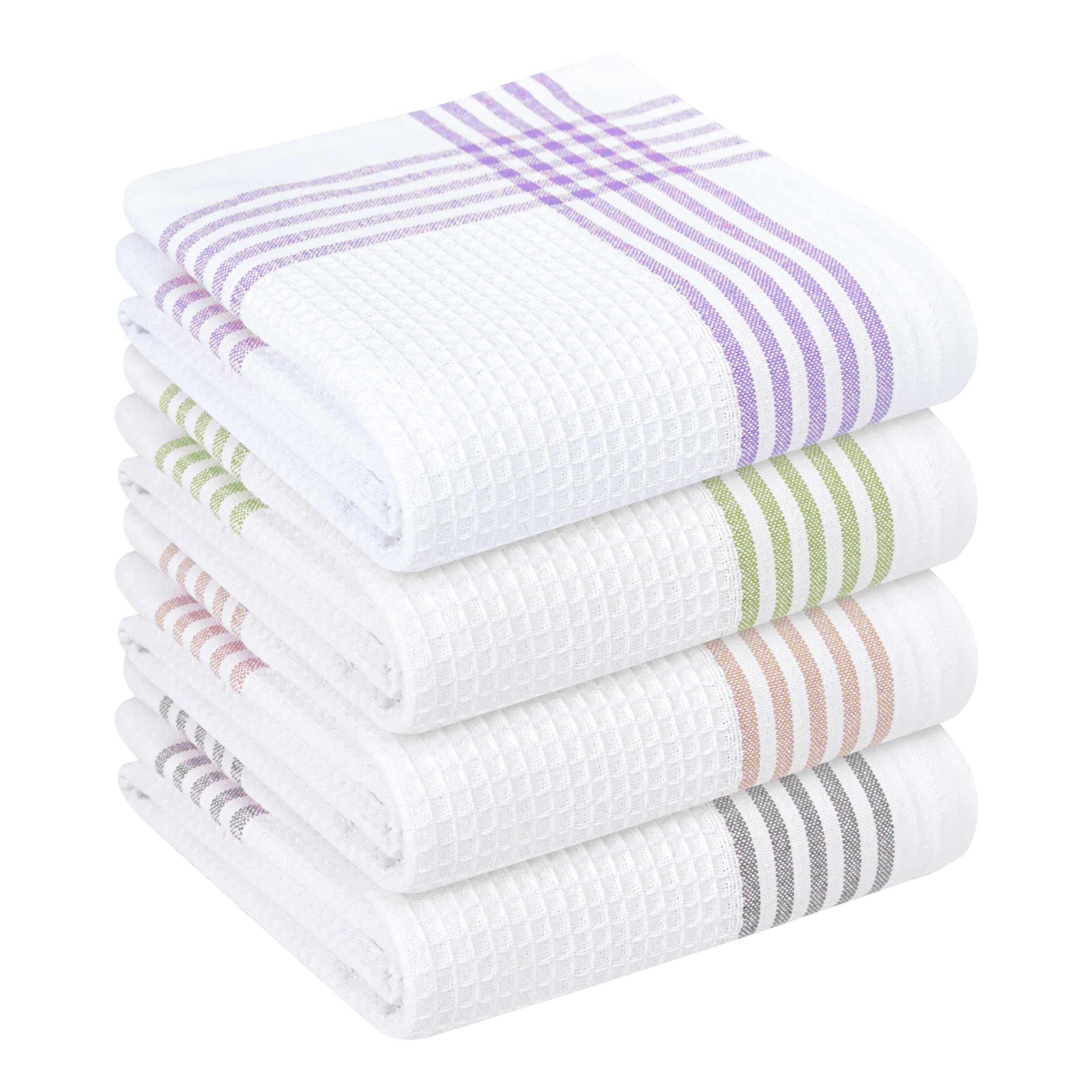 Waffle White &amp; Multi Colors Kitchen Towels 4 Pack, 100% Cotton, 16x26 inches, Quick Dry Dishcloths, Ideal Dish Towel for Drying, Wiping - Lavender, Lemon Green, Beige, Light Grey
