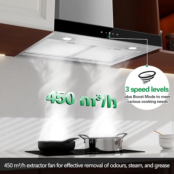 TopStrong Cooker Hood, Class A+++ Kitchen Extractor Fan, 450m³/h Stainless Steel Extractor Hood with Carbon Filters, Recirculating & Ducting Wall Mount Hood, 3-Speed with Booster Function - 2