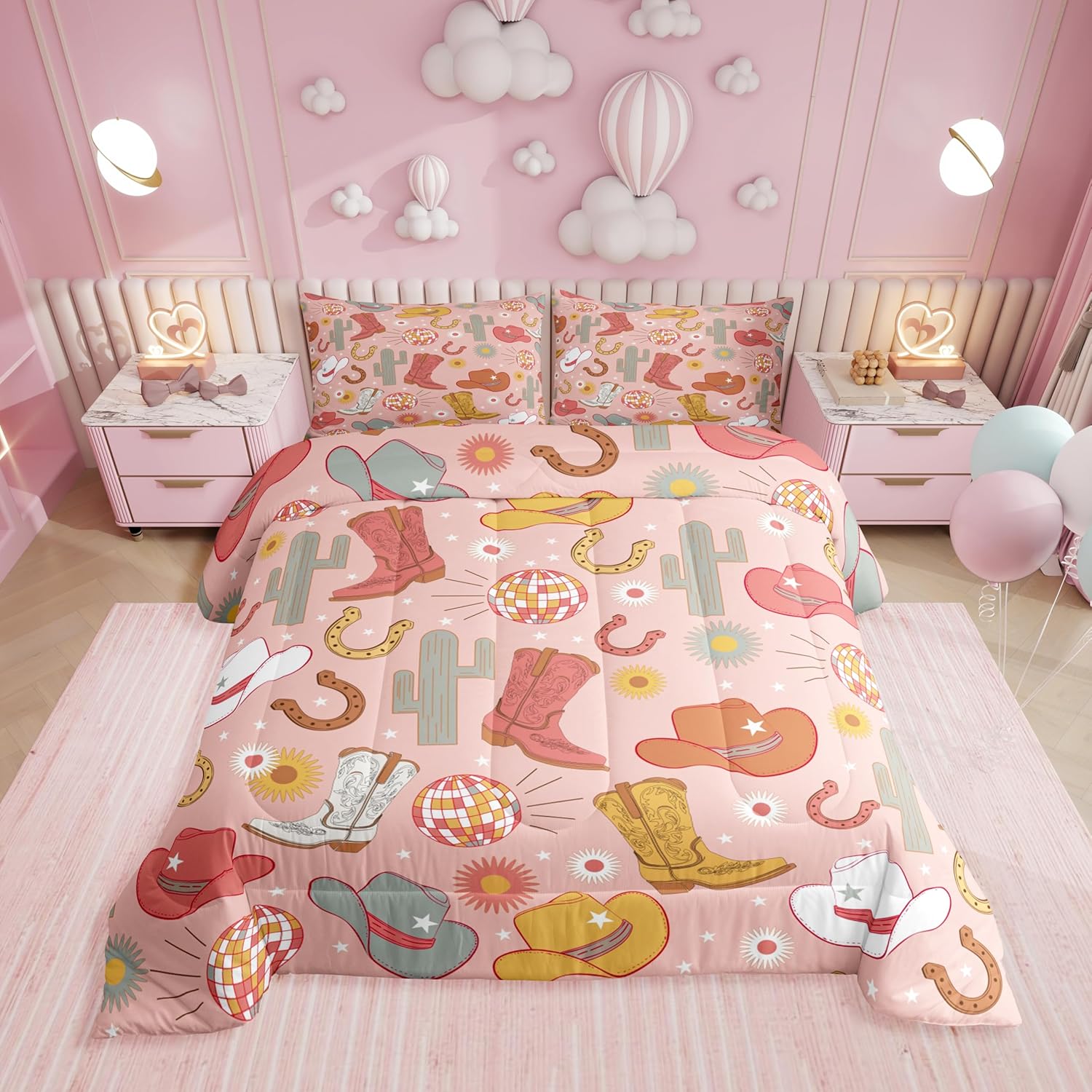 Erosebridal Cowgirl Boots Hats Twin Bedding Set,Pink Disco Ball Comforter Set for Girls Kids Teen,Western Cactus Horseshoe Comforter,Rustic Country Bedroom Room Decor,1 Pillowcase Breathable