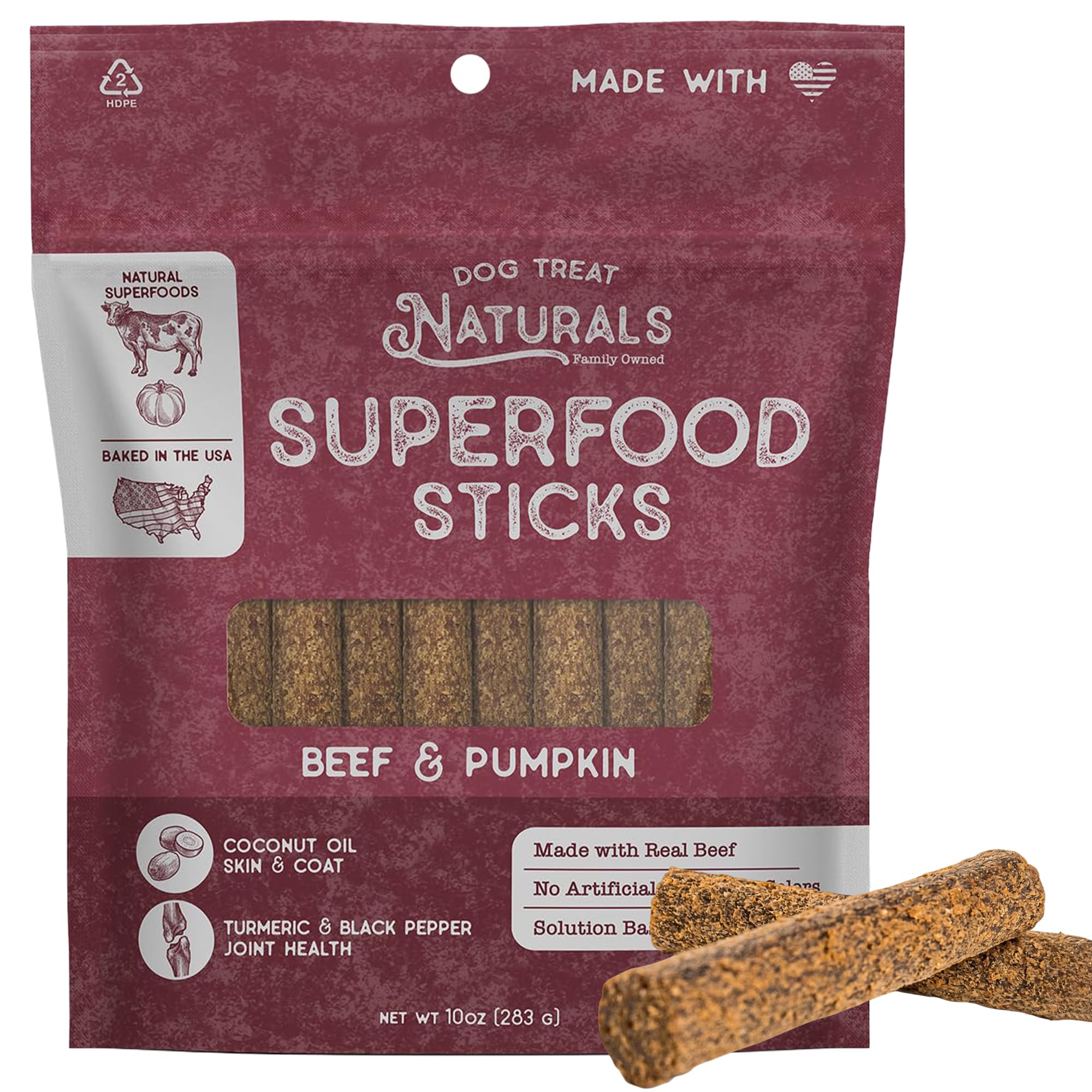 Dog Treat Naturals Superfood Sticks, Beef & Pumpkin, 10oz Bag | Dog Chew Sticks | All-Natural, Pet Training Treats | Joint-Skin-Coat Health | USA Made