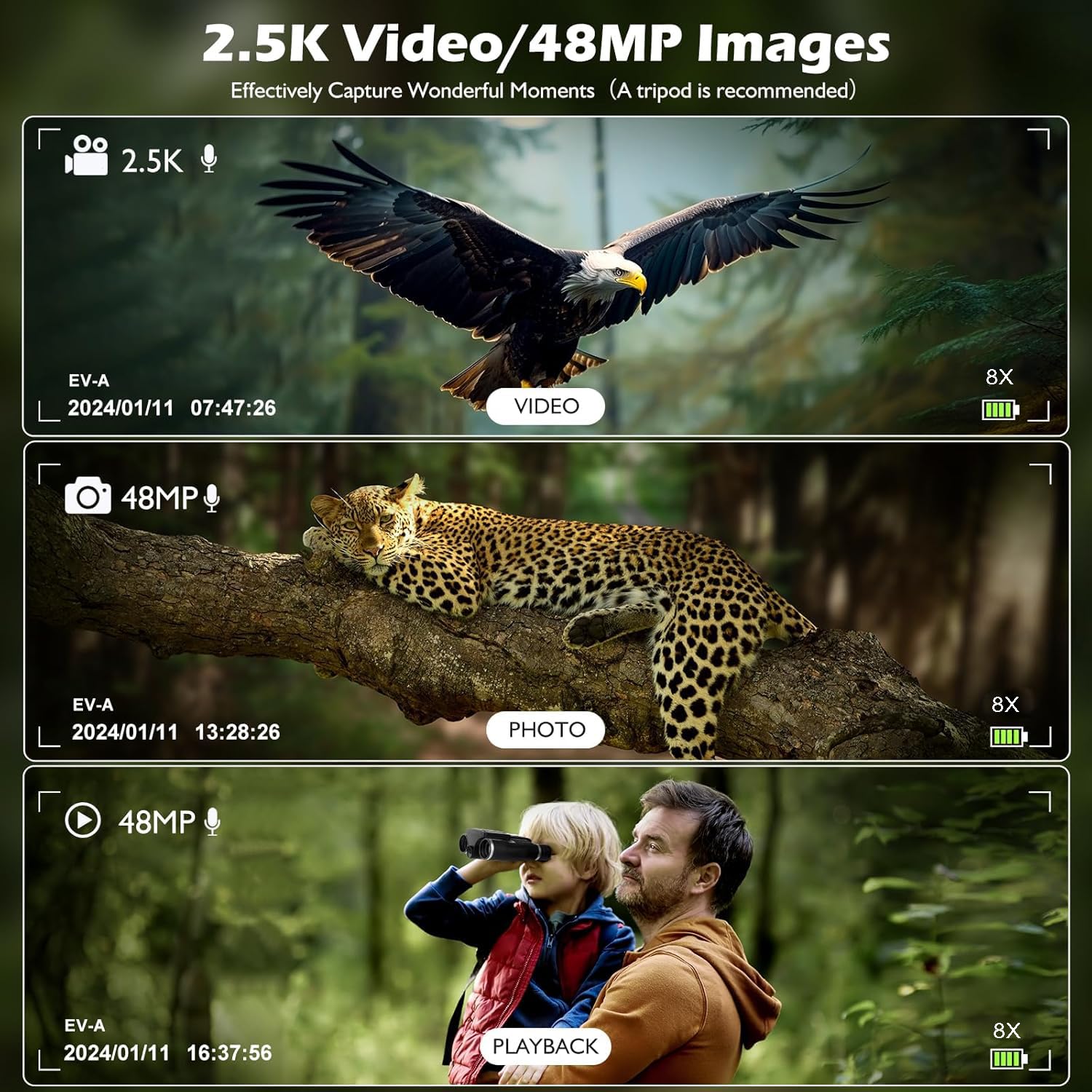 Prismáticos digitales con cámara para adultos, pantalla LCD de 2.4 pulgadas, cámara de 48 MP, videos de 2.5 K, zoom digital de 10X, ideal para conciertos, observación de aves y aventuras al aire libre