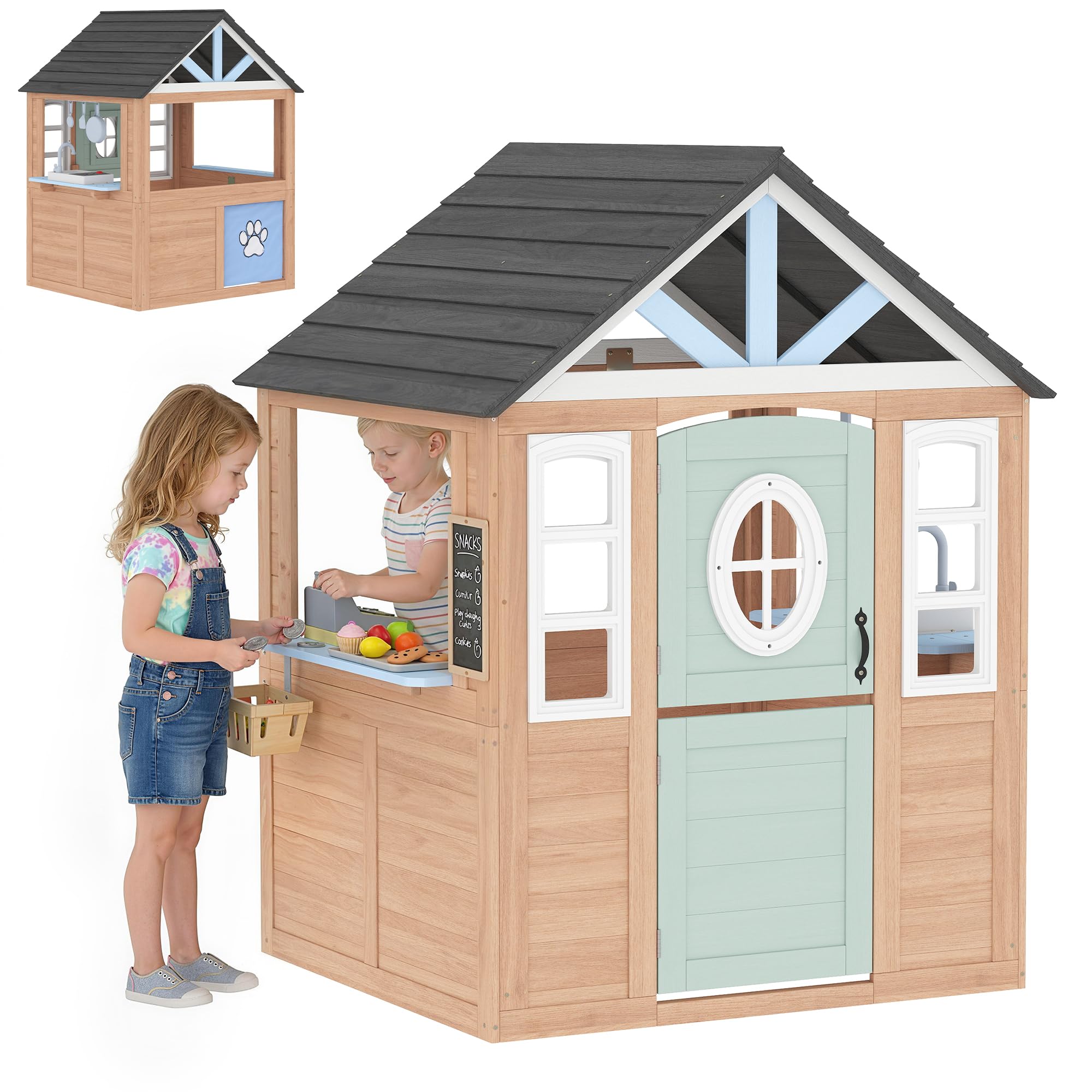 AIYAPLAY Casita Infantil Exterior e Interior de Madera, Casita Infantil con Puerta para Mascotas, Cocina de Juguete, Media Puerta y Ventanas, Casa de Jardín para Niños de +2 Años, Madera Natural