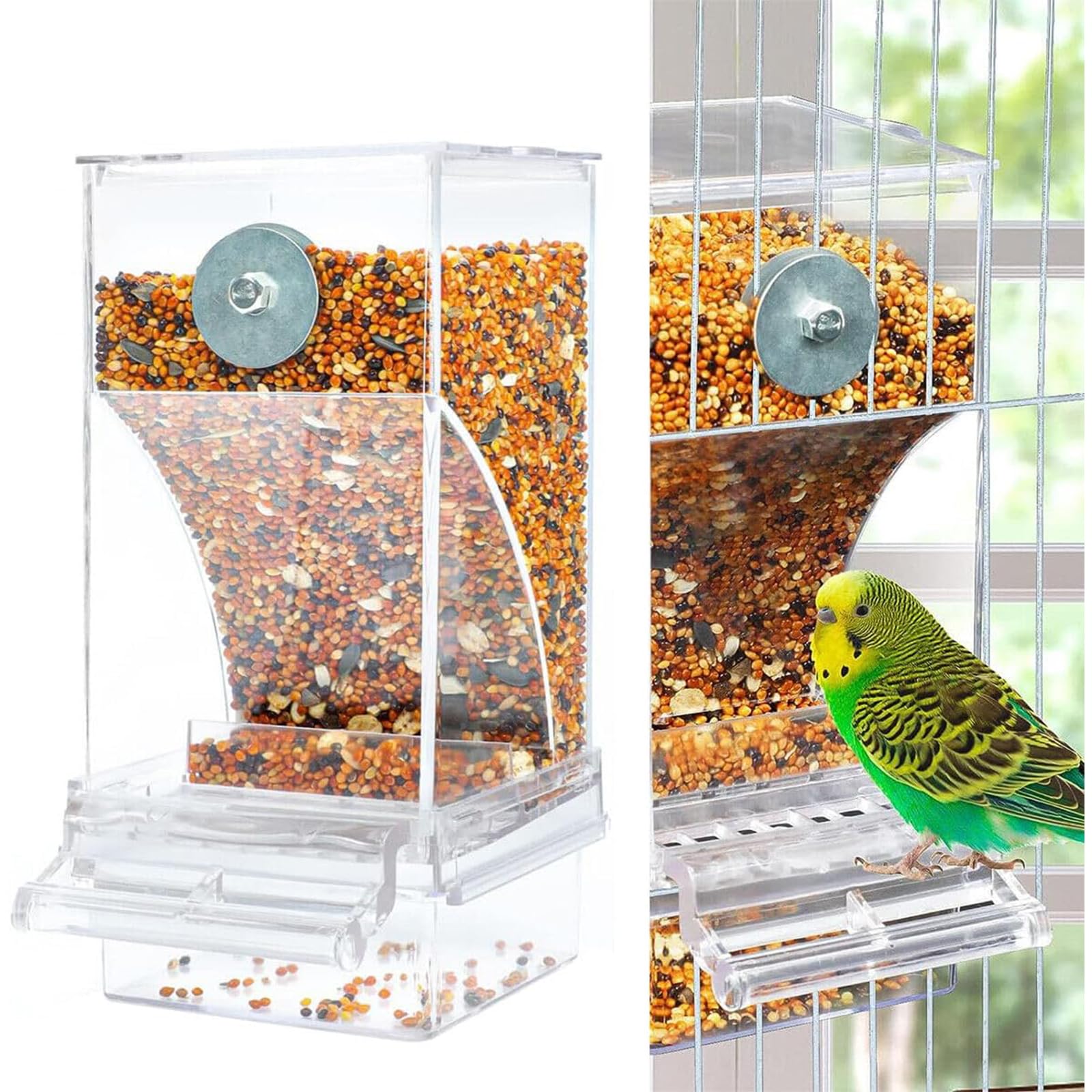 Hoquare No Mess Bird Feeder, Acrylic Automatic Parrot Feeder Cage, Transparent Seed Food Dispenser Cage Accessories for Small Birds Parakeets Cockatiels