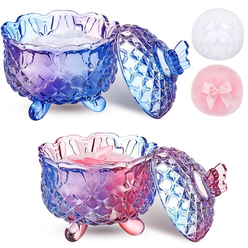 Tioncy Conjunto com 2 puffs para pó corporal e 2 recipientes de vidro, borboleta, roxo e azul