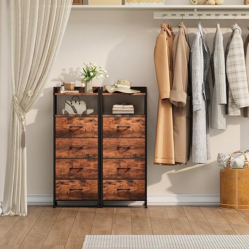 Miniatura 7 de Somdot - Mesita de noche con 4 cajones, cajonera vertical con estructura de acero resistente, parte superior de madera y cajones de tela fáciles de