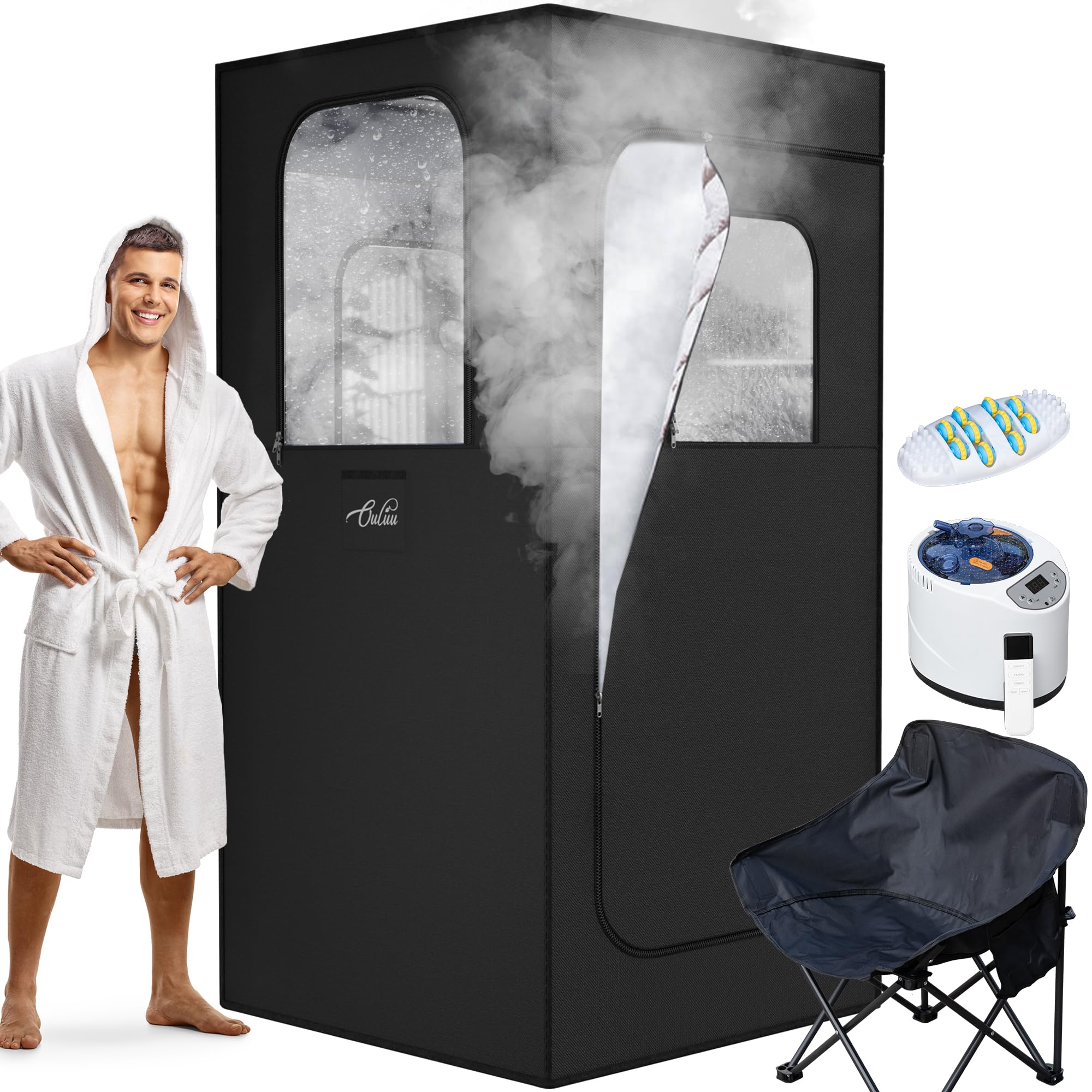 Large Portable Steam Sauna, 3L Steamer Portable Sauna Box for Home, Personal Sauna with Big Sauna Chair, Remote Control, 3.2’ x 3.2’ x 6.0’, Black, 1200W
