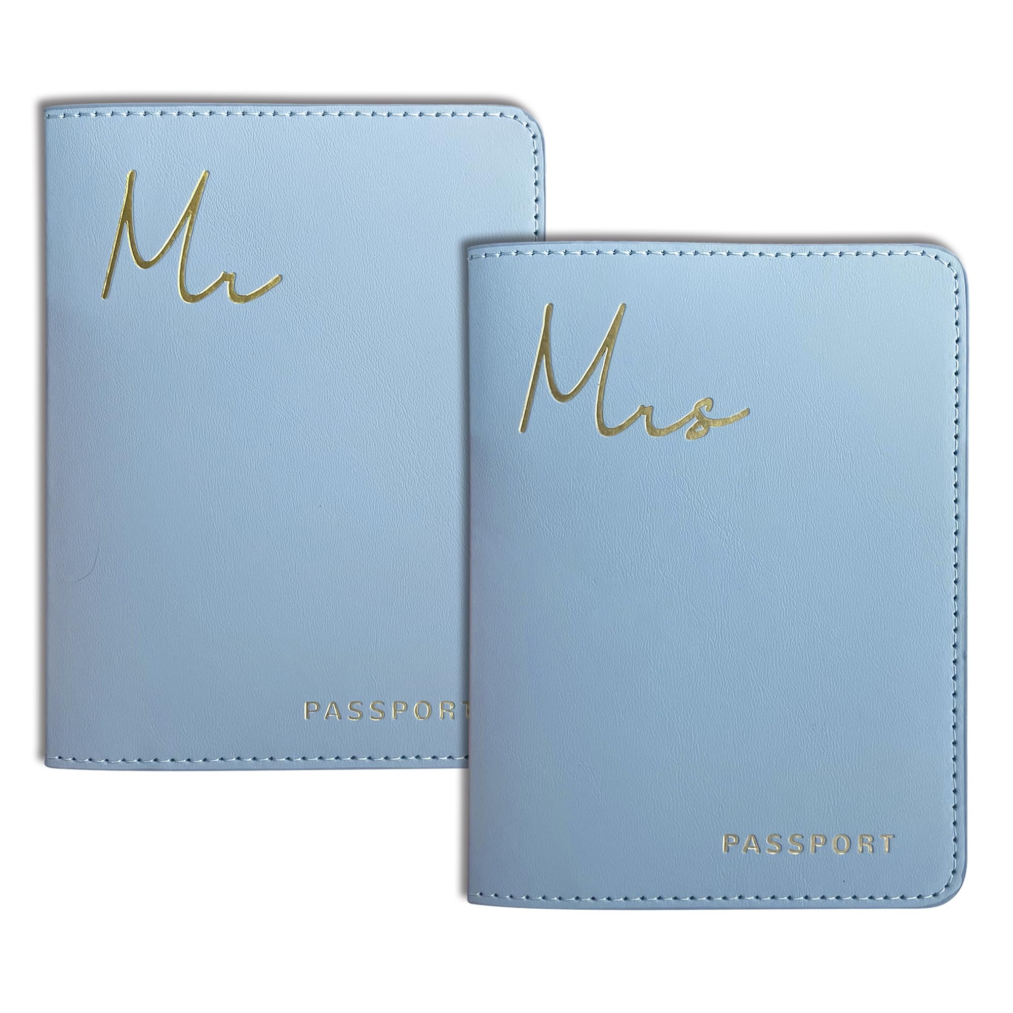 Mr&Mrs Gifts - Soporte para pasaporte a juego para novia y novio Mr&Mrs con logotipo de lámina dorada, regalo esencial de viaje para recién casados, MM-azul claro, Parejas