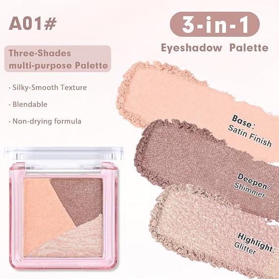 Eyeshadow Palette-Mini 3-in-1 Eye Shadow Powder Palettes Makeup-Matte&Shimmer Baked Eye Shadow for Women,paleta de sombras de ojos,Buildable Smooth Silky Waterproof for Daily Look,01Peach Brown