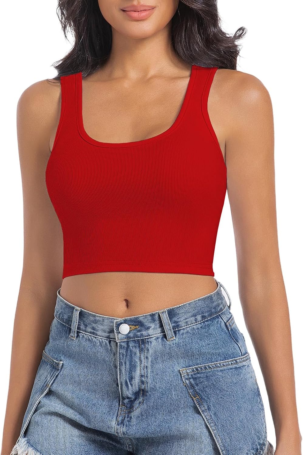 SanxiawaBa Women's Sleeveless Ribbed Crop Tops Crew Neck Stretchy Casual Basic Fitted Tank Top