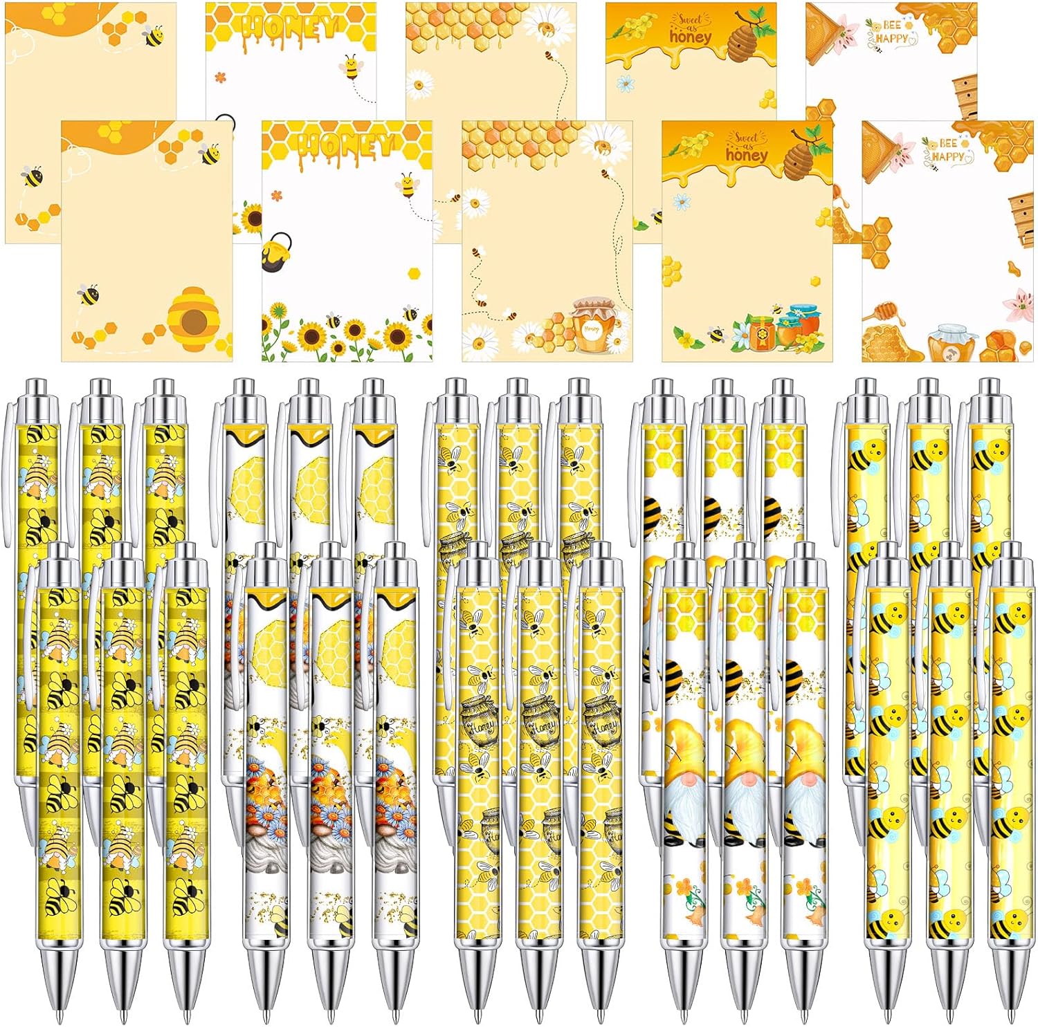 Kosiz 60 Pcs Bee Notepads with Pens Sunflower Sticky Notes Funny Gnome Ballpoint Pens Bulk Honey to Do List Memo Pads for Bee Theme Party Favors Office Holiday Gifts