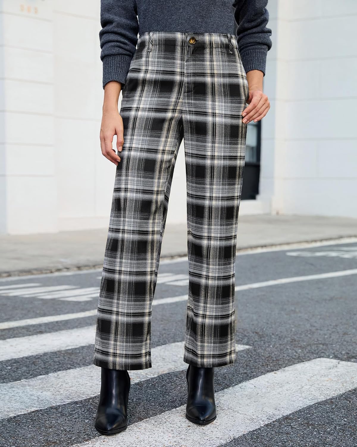 GRAPENT Plaid Pants for Women Wide Leg High Waisted Tartan Work Business Casual Elastic Waist Trousers Pants with Pocket - Image 2