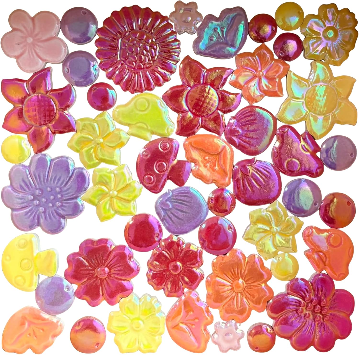 Ceramic Flower & Mushroom Mosaic Tiles - 1.1 lbs Mixed Glazed Petals & Berry Assortment for DIY Crafts, Fairy Garden, Handmade Projects (Iridescent Mix Color)